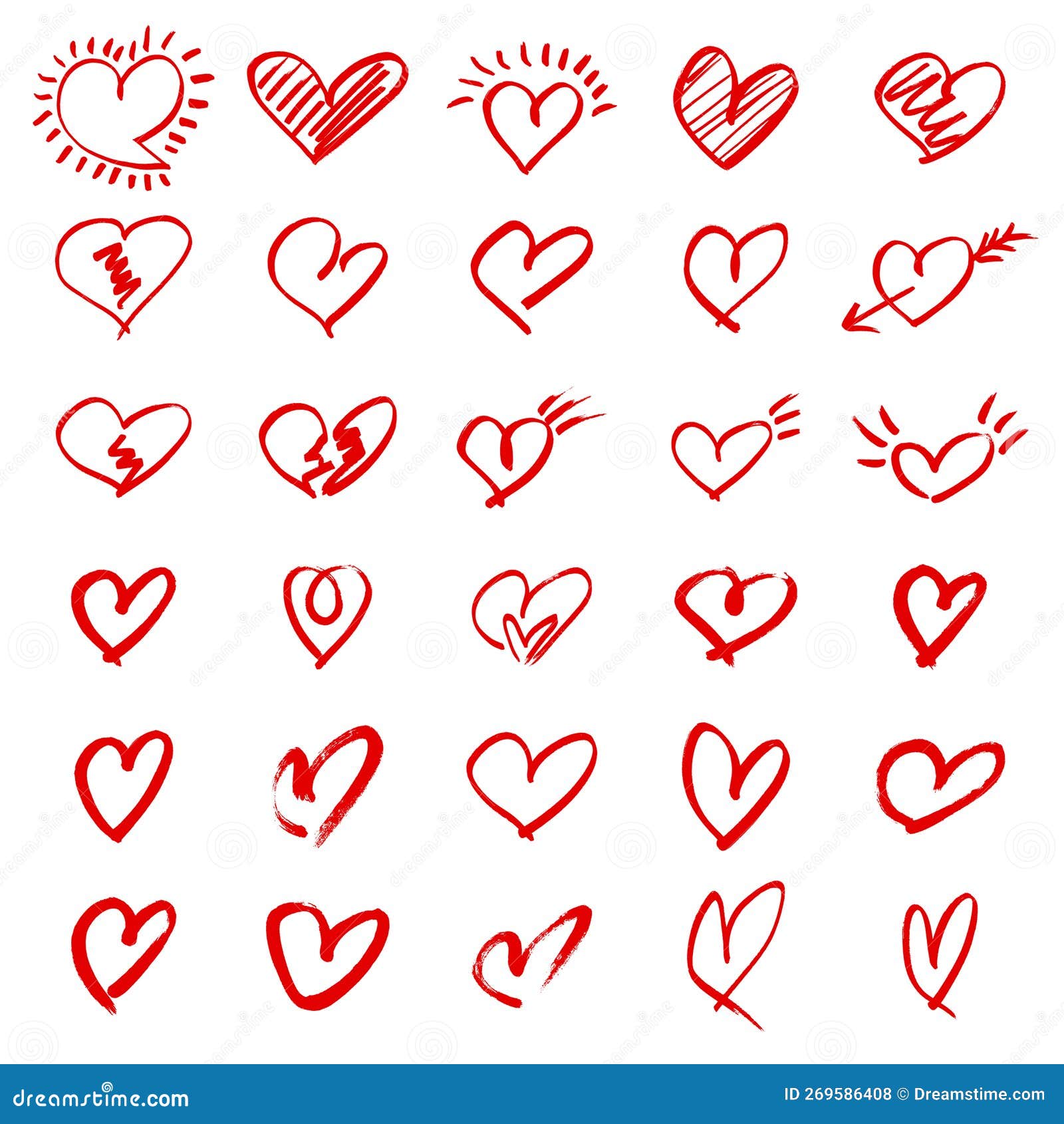 Red hearts set of hand drawn sketch heart icons.