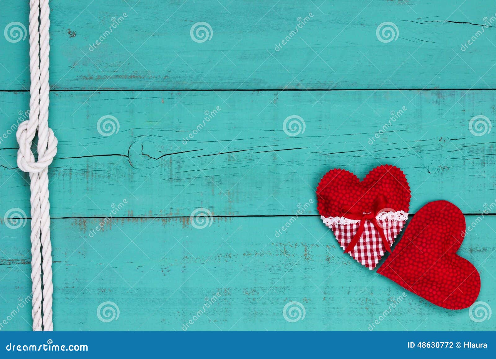 Red Hearts And White Rope Border On Antique Teal Blue Red Hearts And White Rope Border On Antique Teal Blue