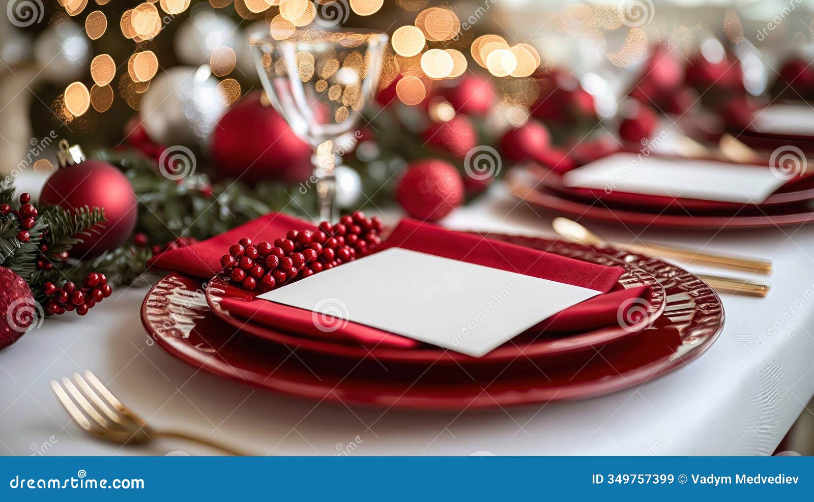 red holiday table setting. empty menu card on white tablecloth. elegant festive dinnerware. decorated with red ornaments and