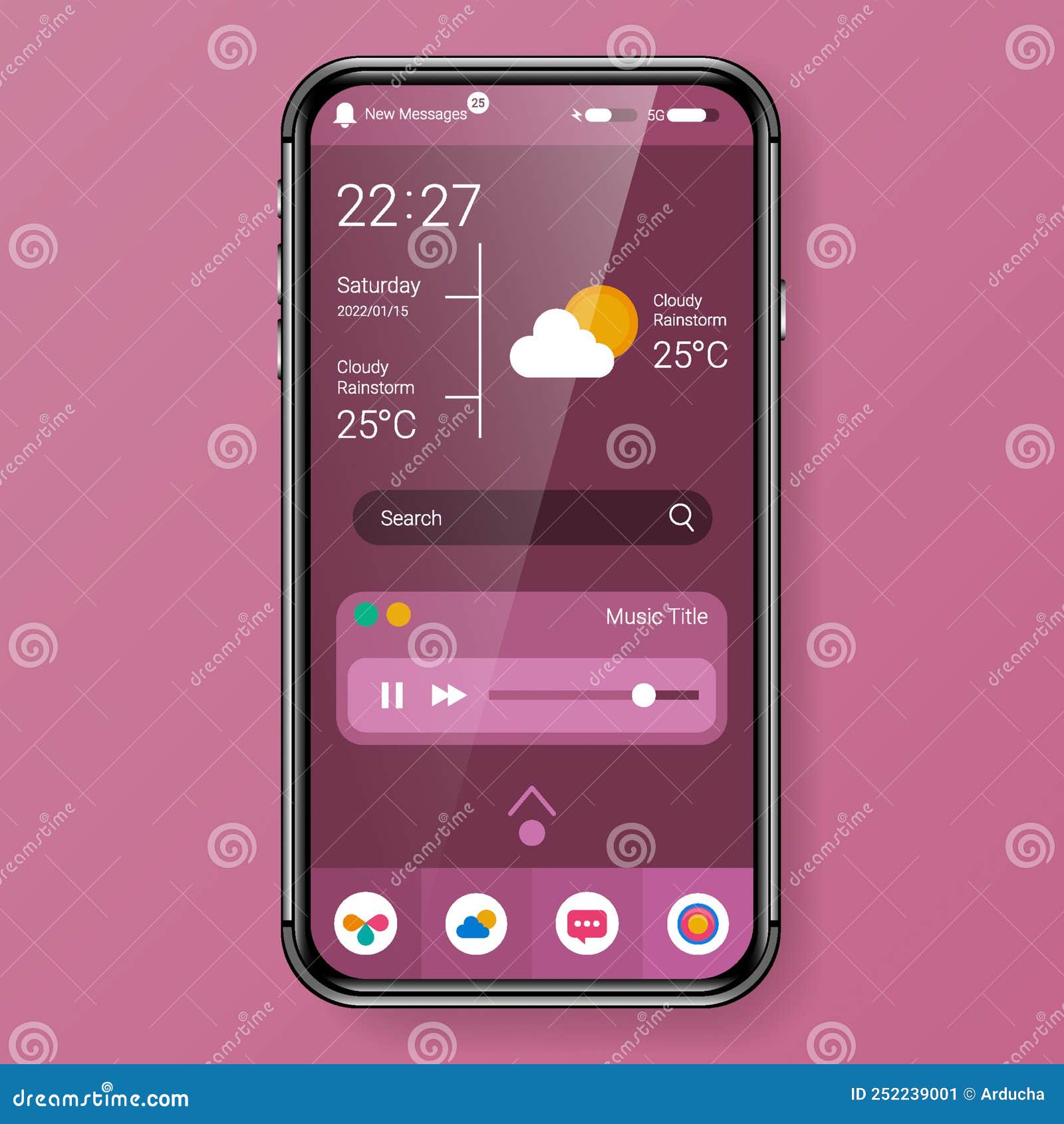 Red Home Screen Mode User Interface Realistic Mobile App Design Stock