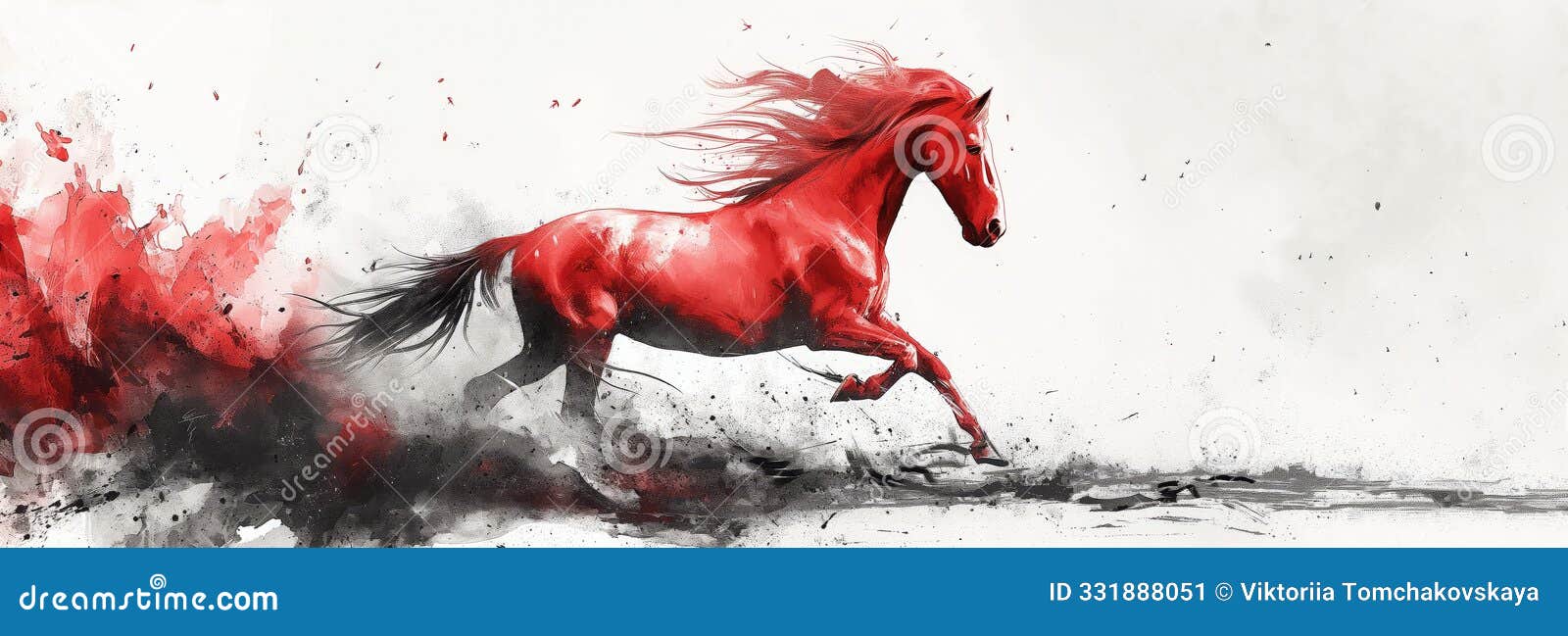 red horse galloping in ink painting with dynamic splashes and white background conveying motion