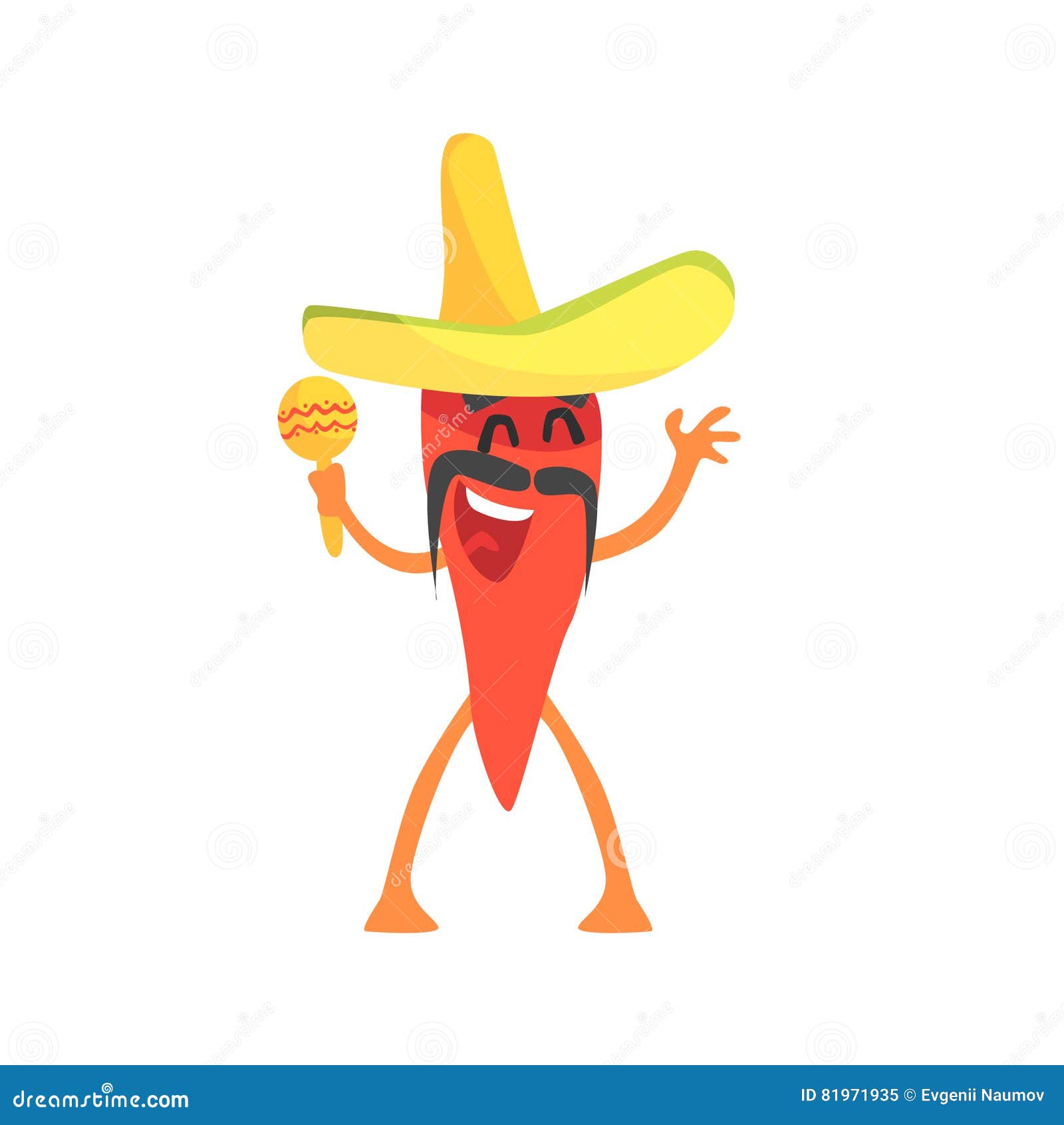 red hot chili pepper humanized emotional flat cartoon character with sombrero and maracas