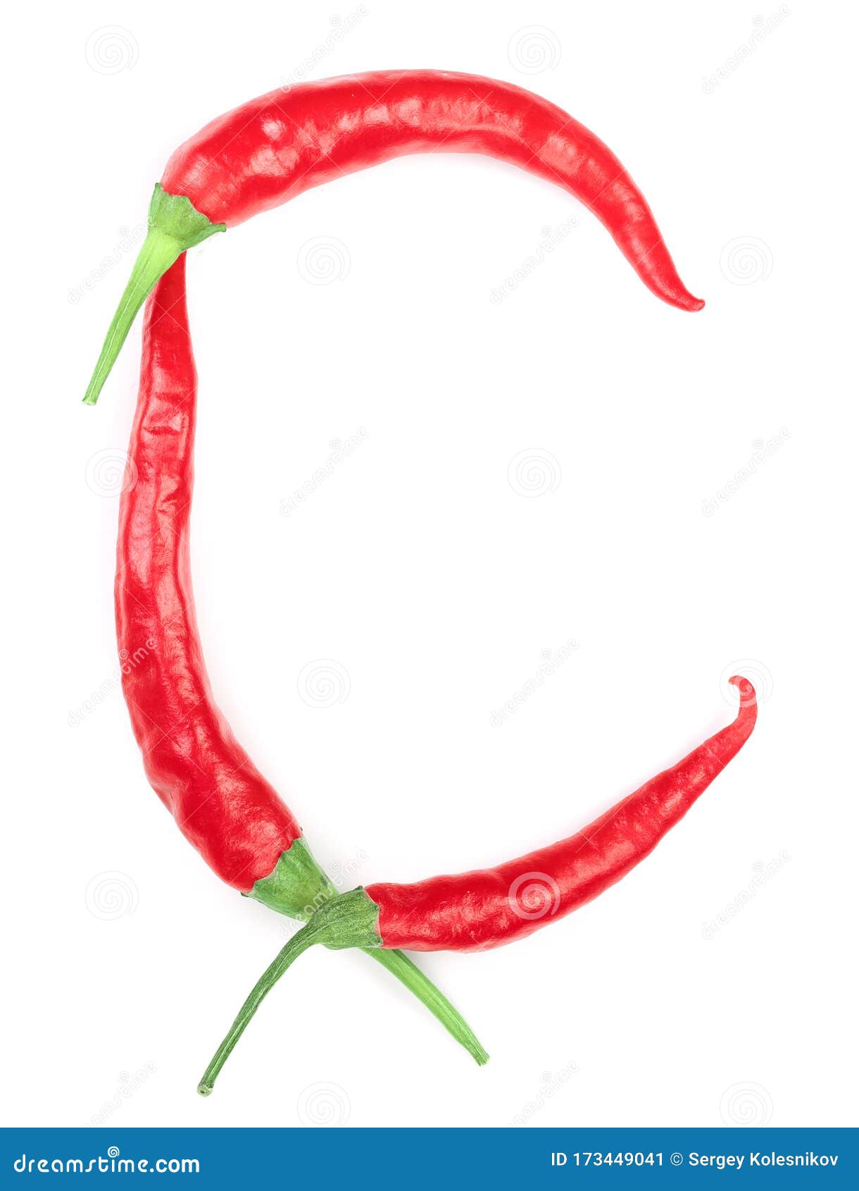 Red hot chili peppers isolated on white background. Letter C. Top view. Flat lay pattern.