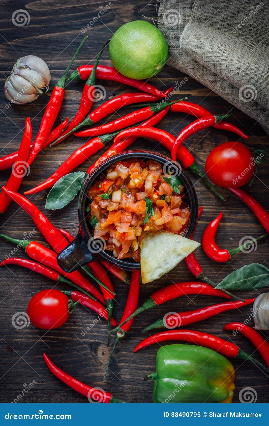 Red Hot Chili Peppers with the Raw Salsa Dip - Hot and Tasty. Stock ...