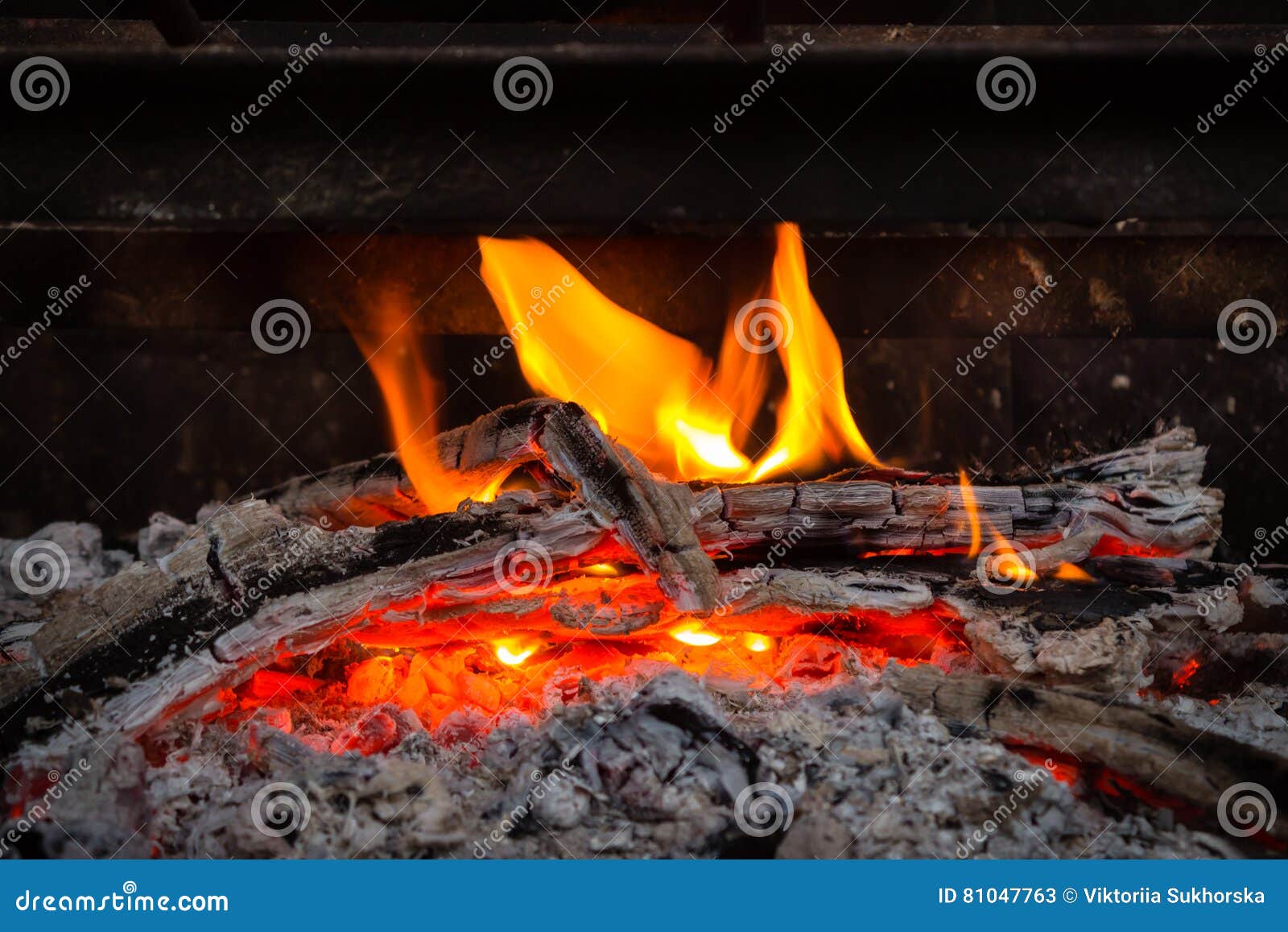 Red Hot Coals and Live Fire, Flame. Burning Firewood. . Stock Image