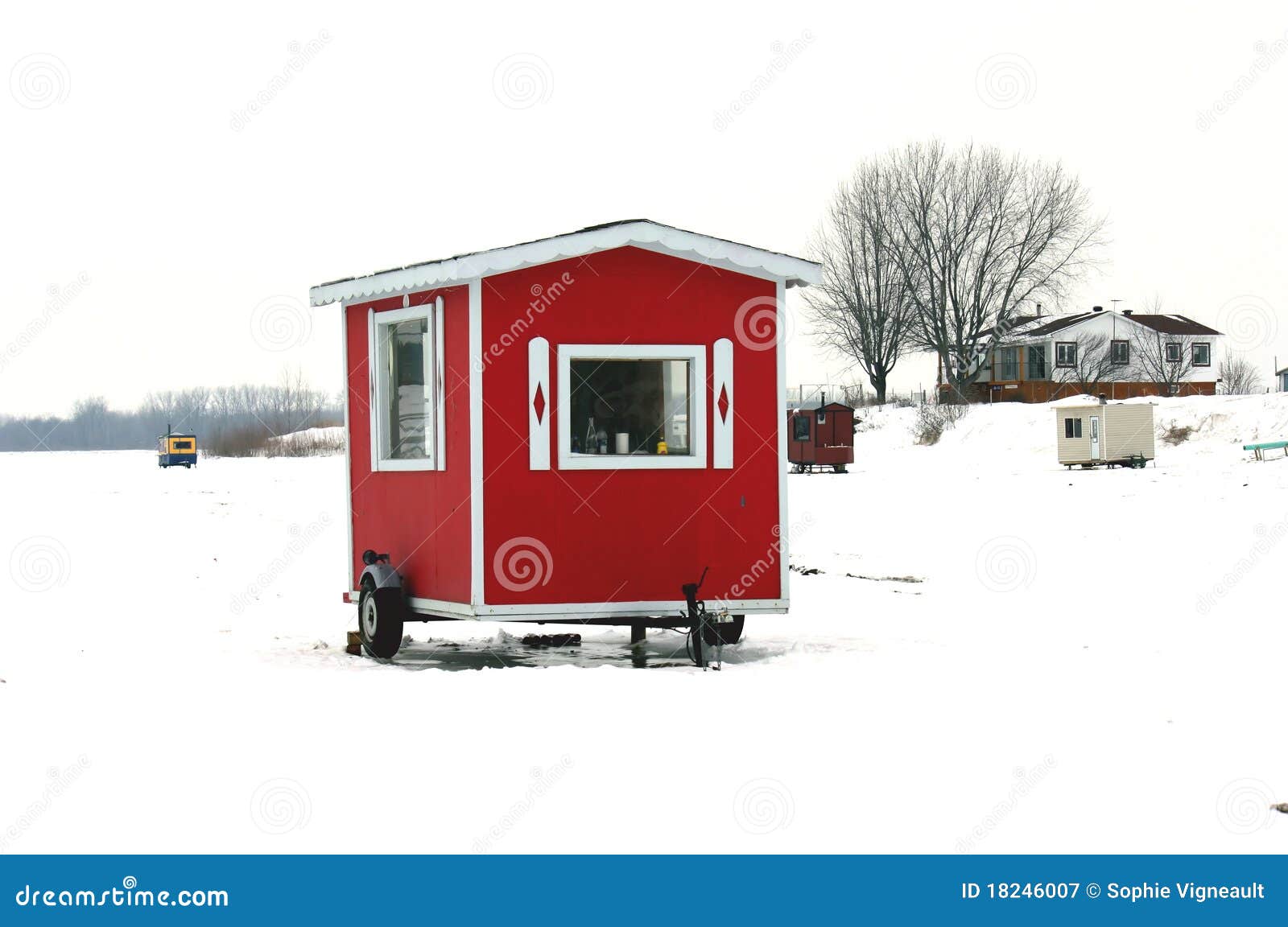 Red ice fishing cabin stock image. Image of activity - 18246007