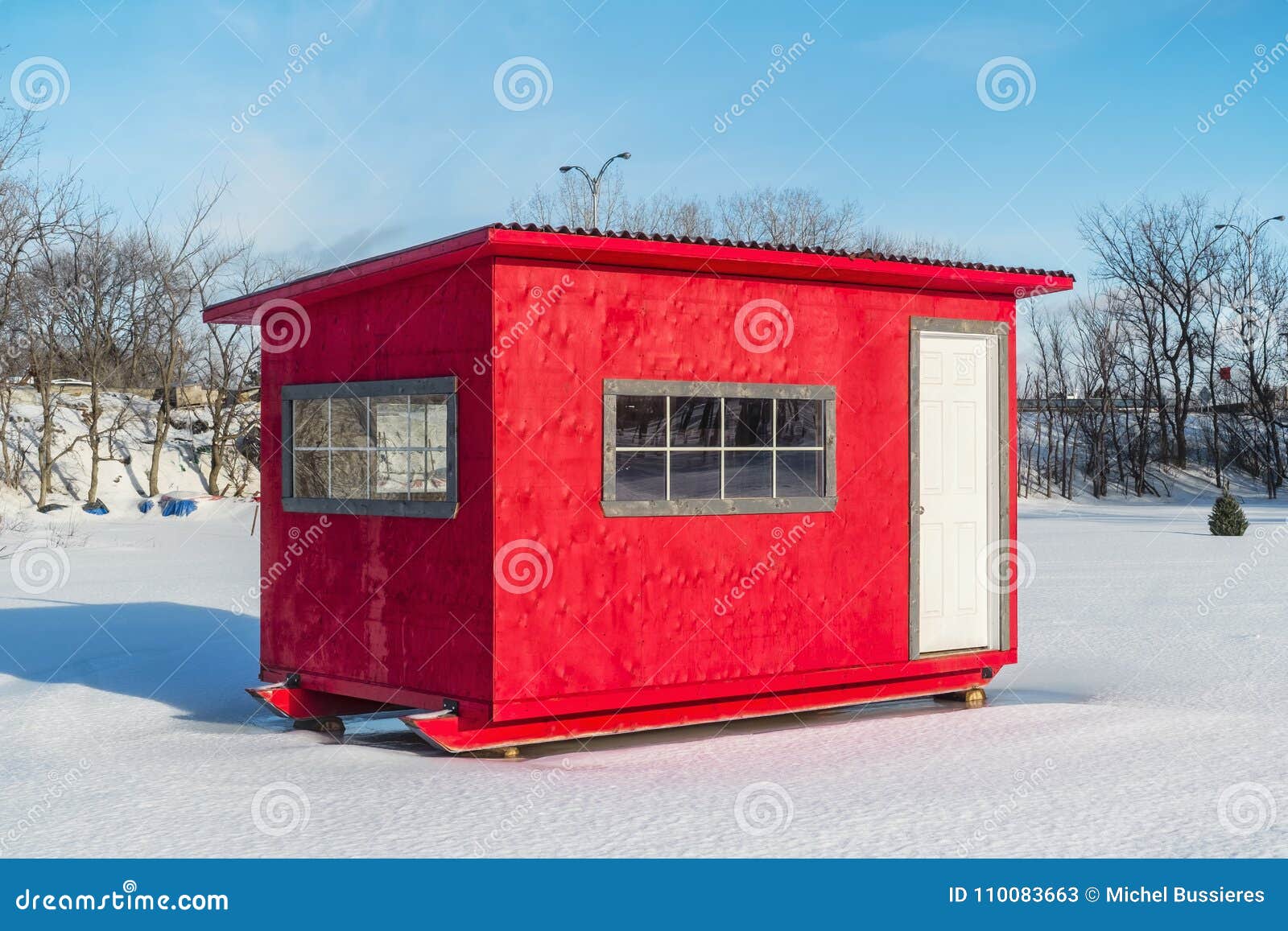 Red Ice Fishing Cabin in Ste-Rose Stock Image - Image of crossing