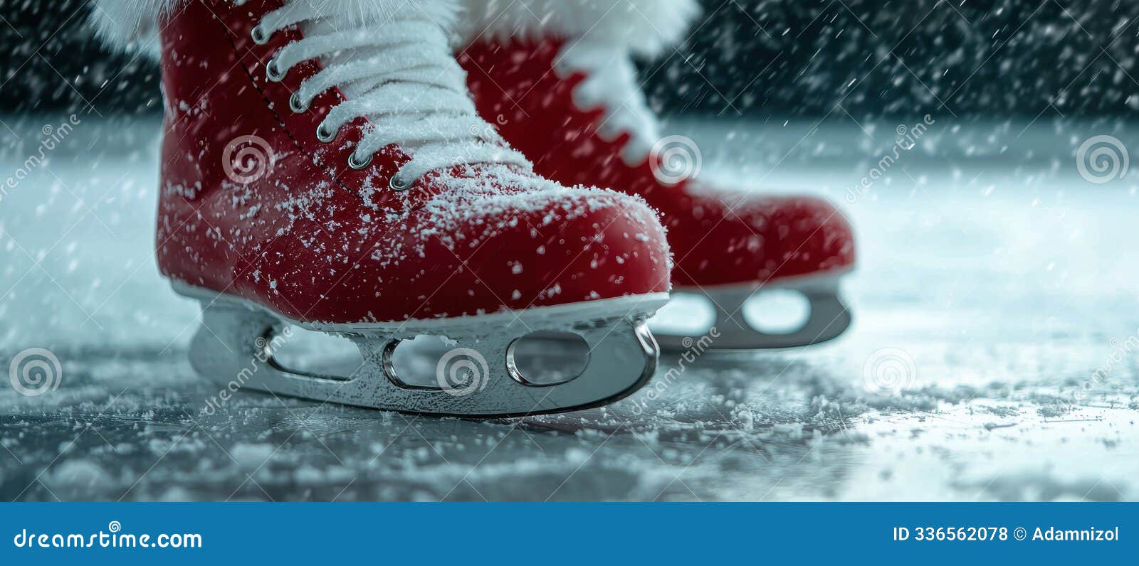red ice skates in snowy winter scene
