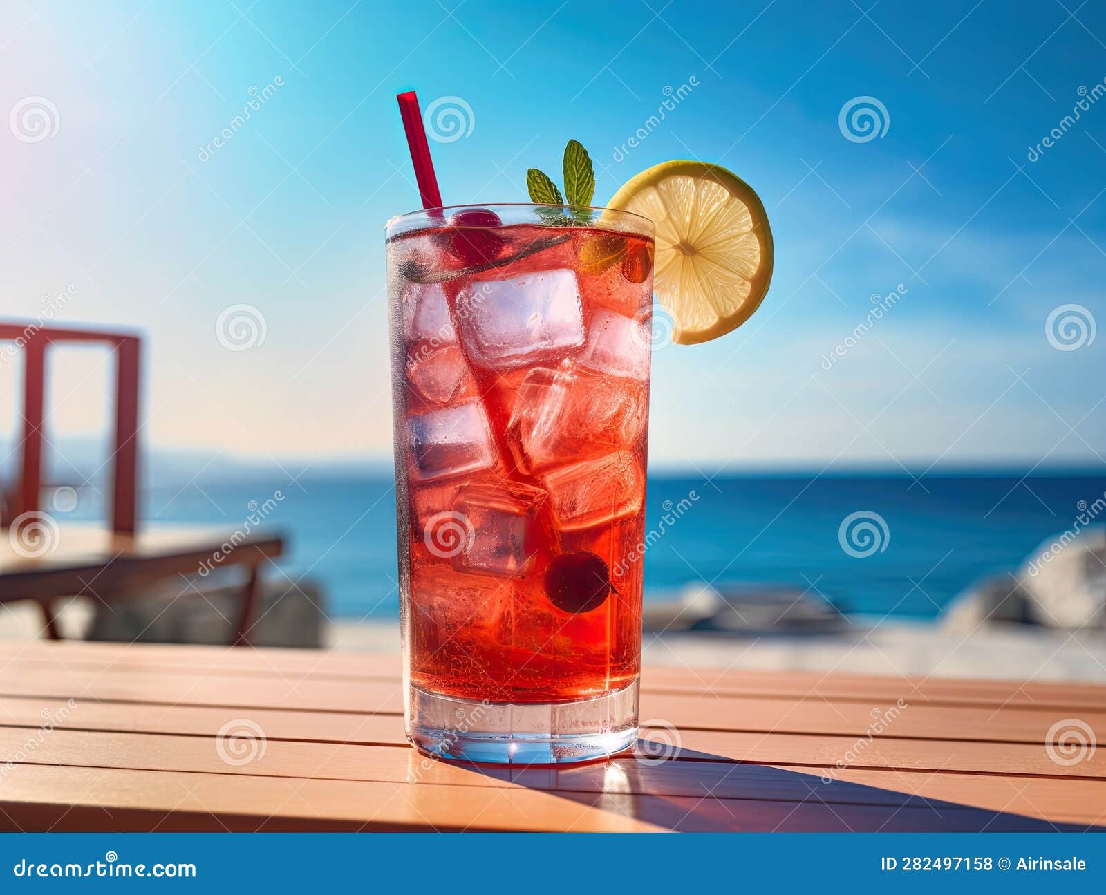 Red Iced Tasty Cape Cod Sea Breeze Cocktail Mocktail on Bar Deck with Seashore View in the Background photo