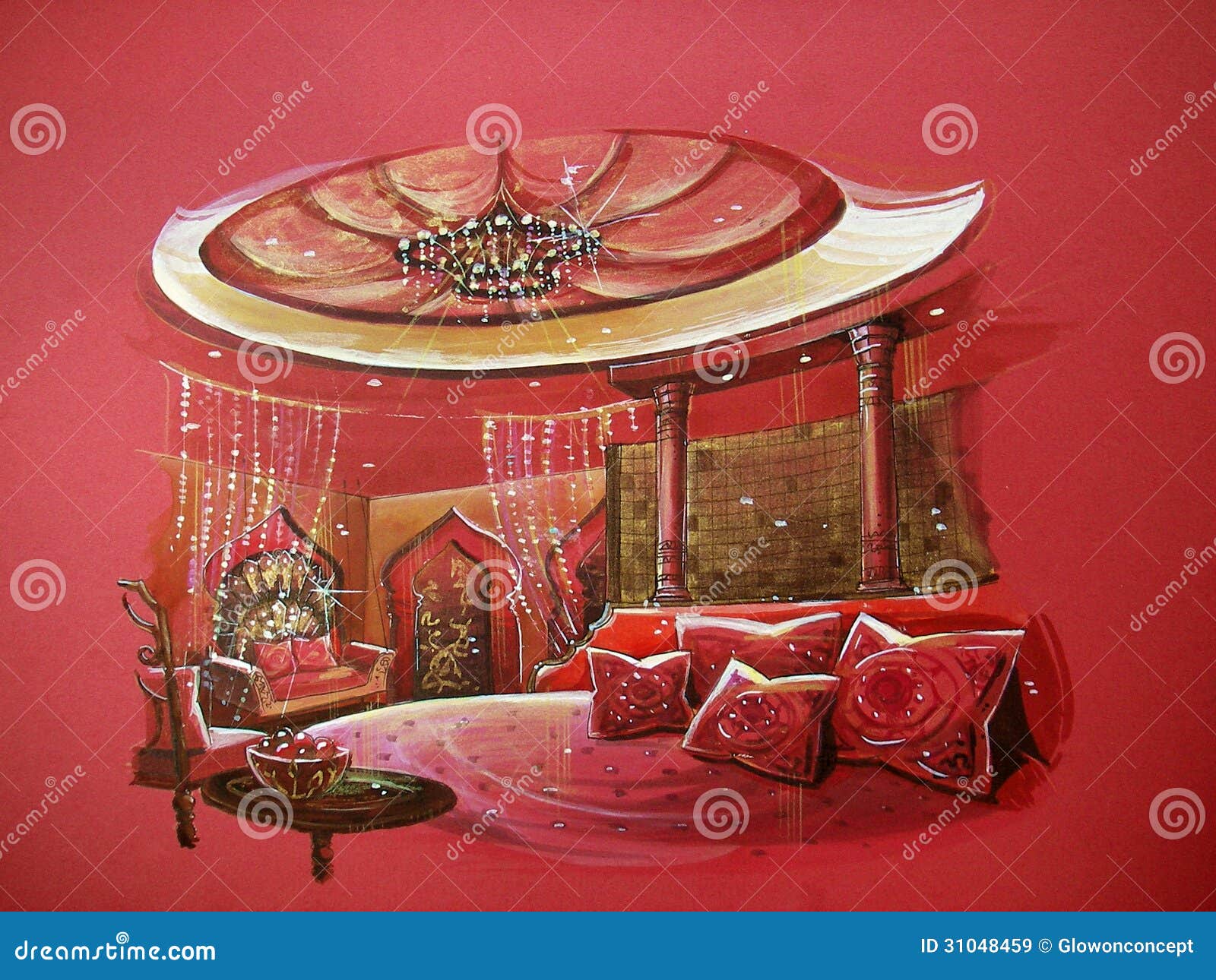 Red Indian Style Bedroom Interior With Round Bed Royalty 