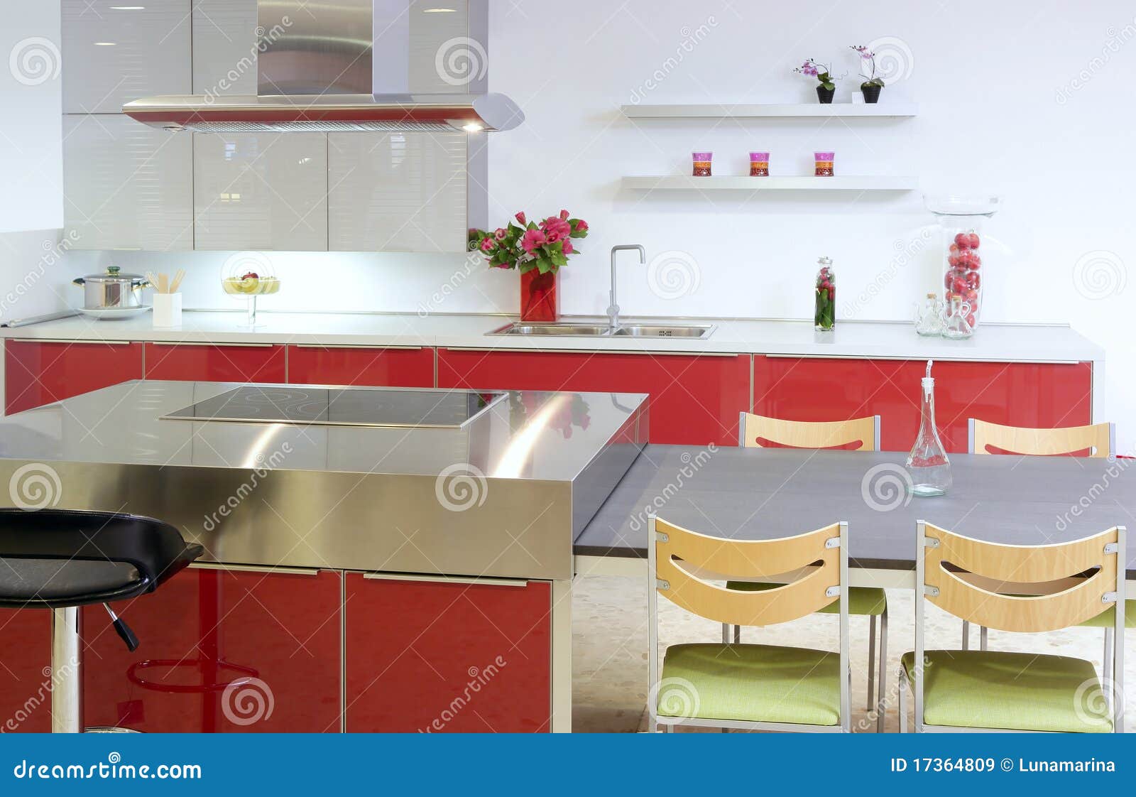 Red Island Kitchen Silver Modern Interior House Stock Image Image of