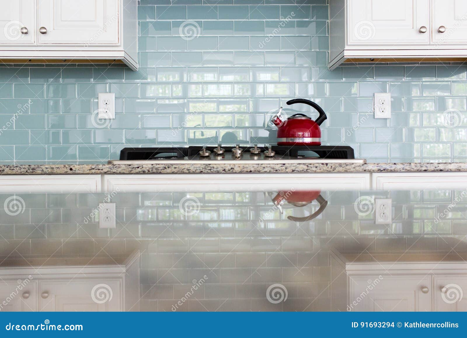 Red Kettle Glass Backsplash Subway Tile Kitchen Stock Photo Image Of Apartment