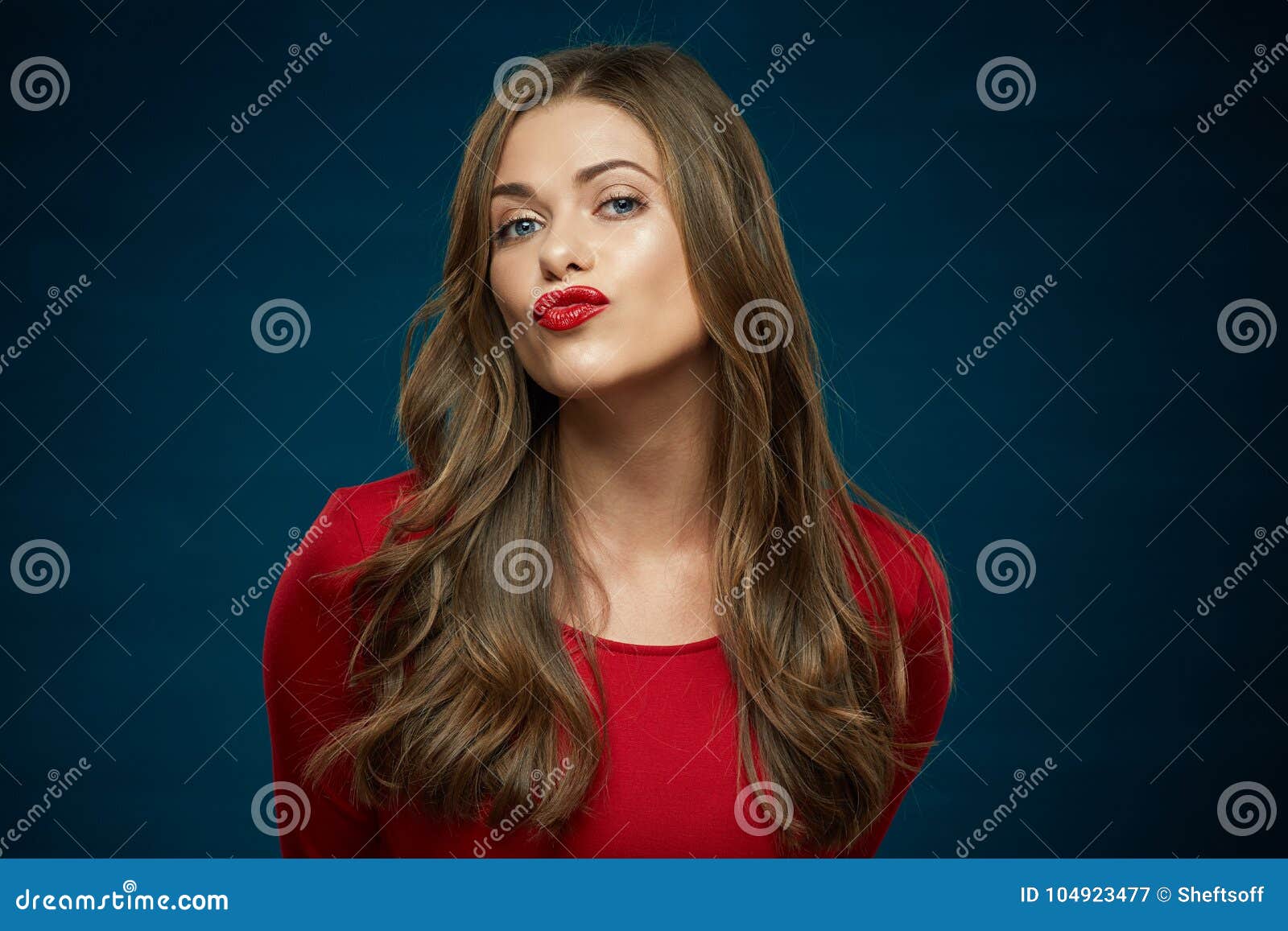 Red Kiss Lips Face Young Woman Portrait. Stock Image - Image of female ...