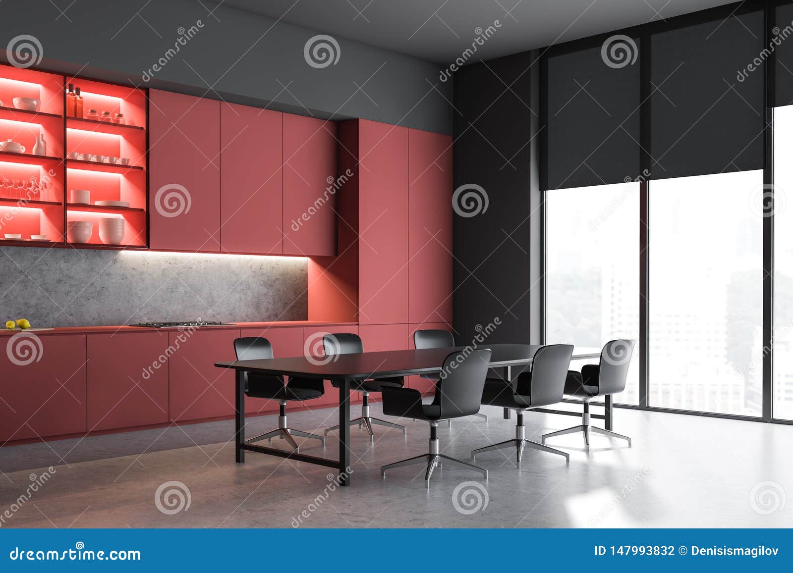 Red Kitchen Corner With Shelves And Table Stock Illustration