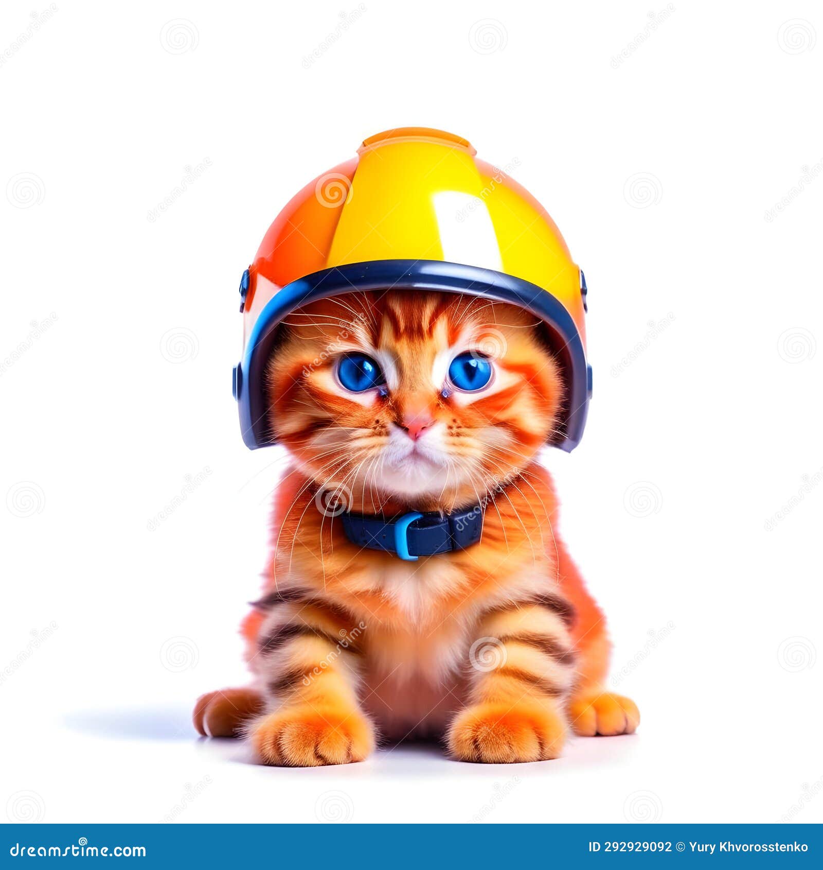 Red Kitten in a Yellow Motorcycle Helmet on a White Background Stock