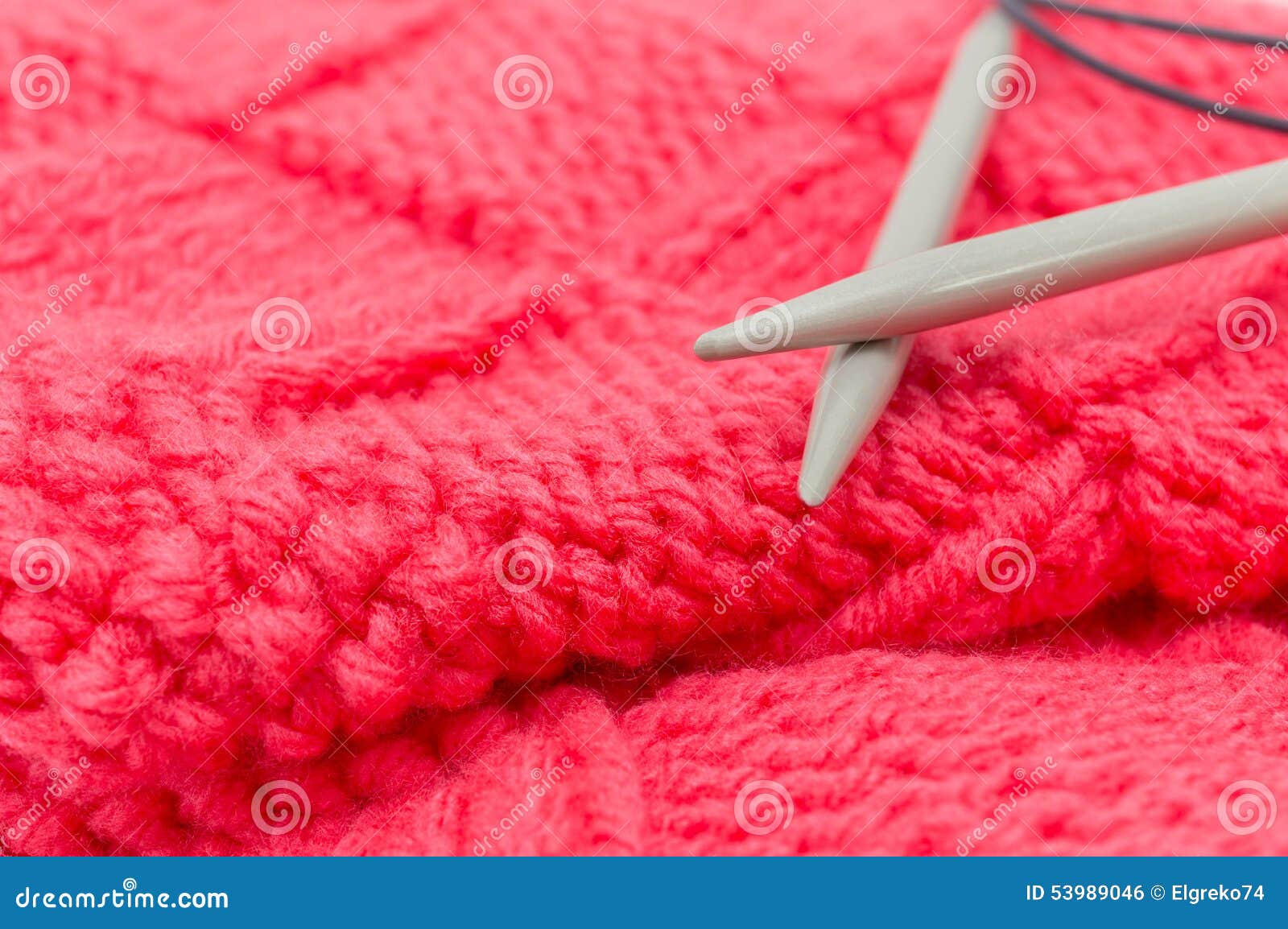 Red Knitted Fabric, Two Knitting Spokes Closeup Stock Photo Image of
