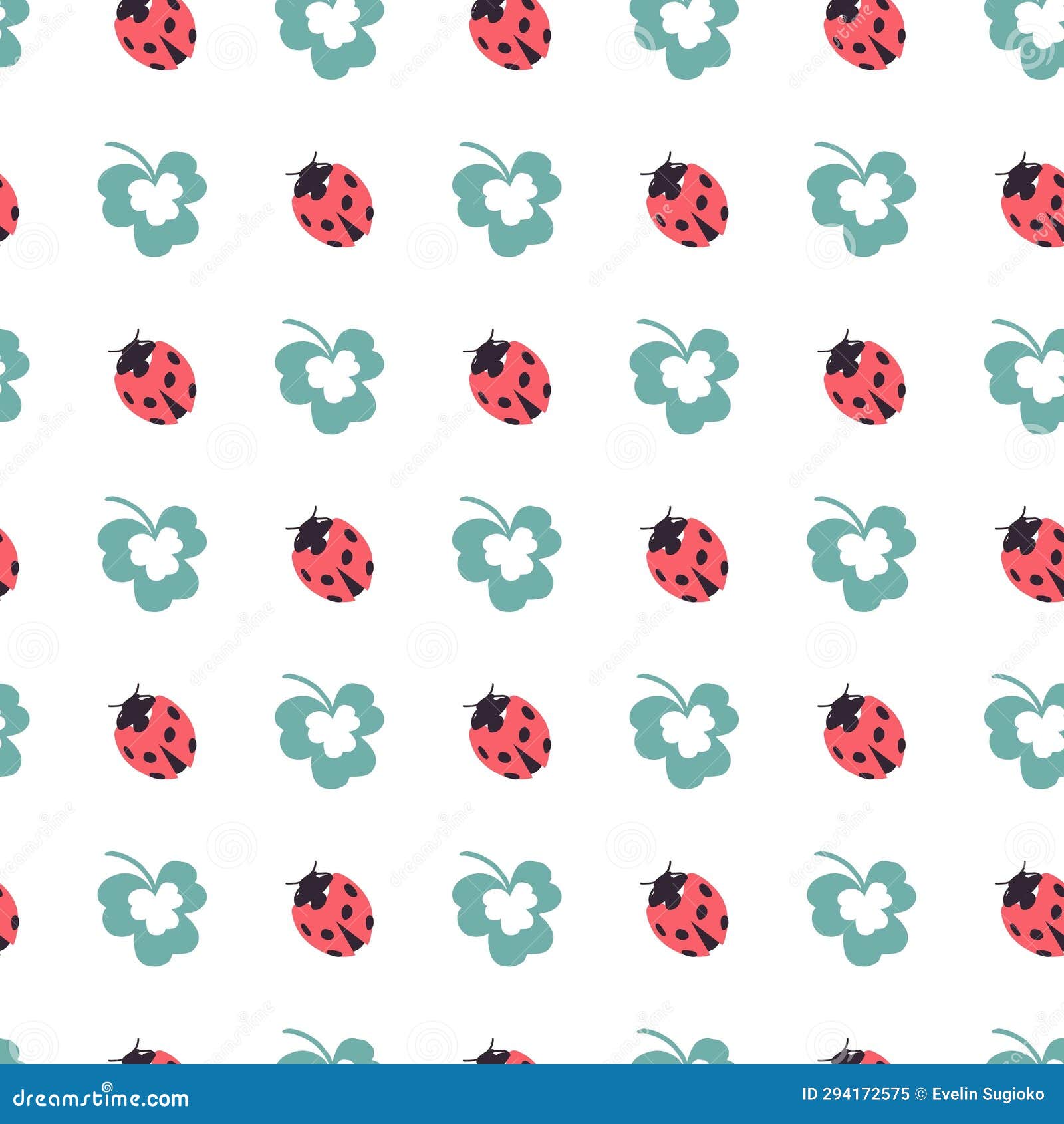 Red Ladybug and Green Clover Leaves Vector Graphic Seamless Pattern