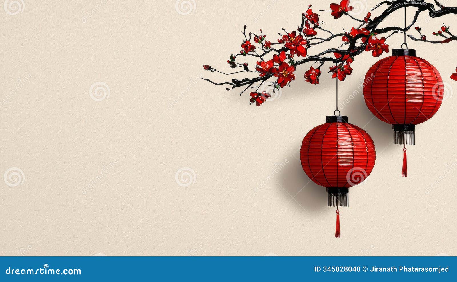 red lanterns and cherry blossoms on branch create serene scene