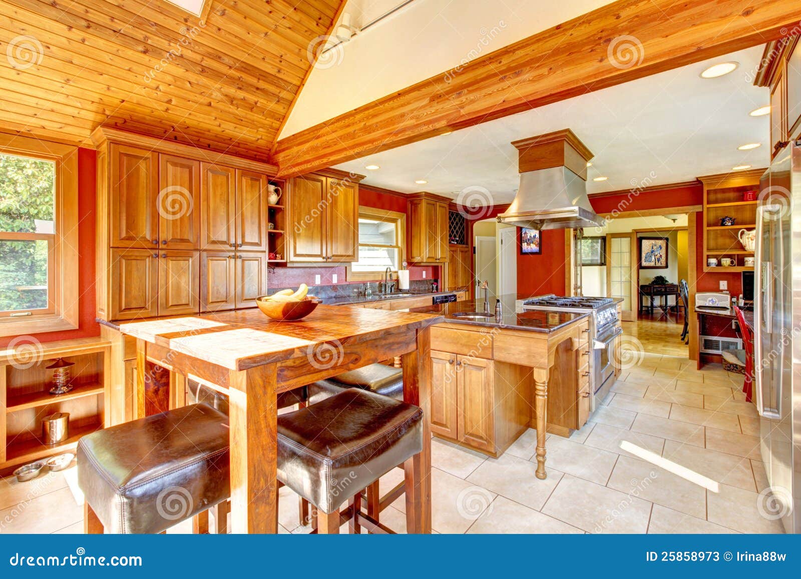 Red Large Luxury Kitchen with Wood Ceiling. Stock Image Image of