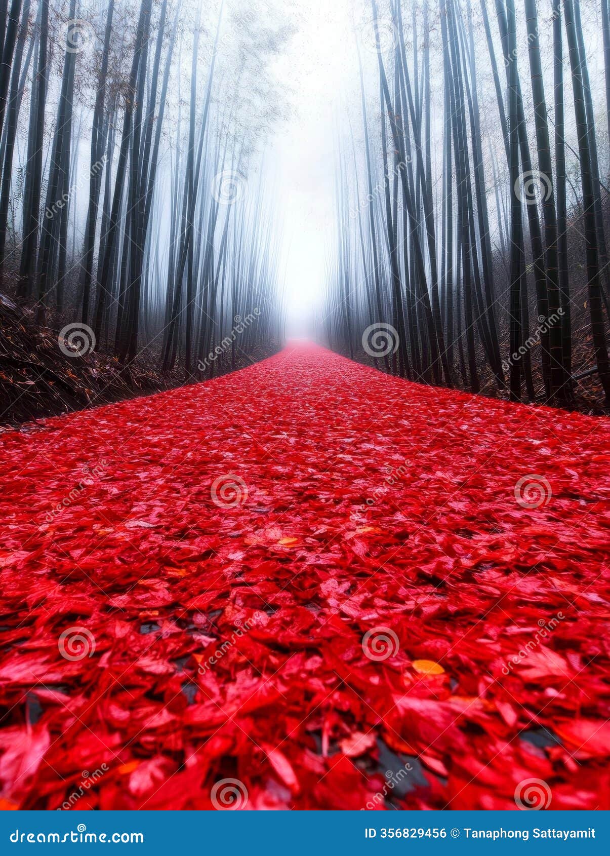 red leaf path through bamboo forest a scenic path covered in vibrant red leaves winds through a misty bamboo forest creating a