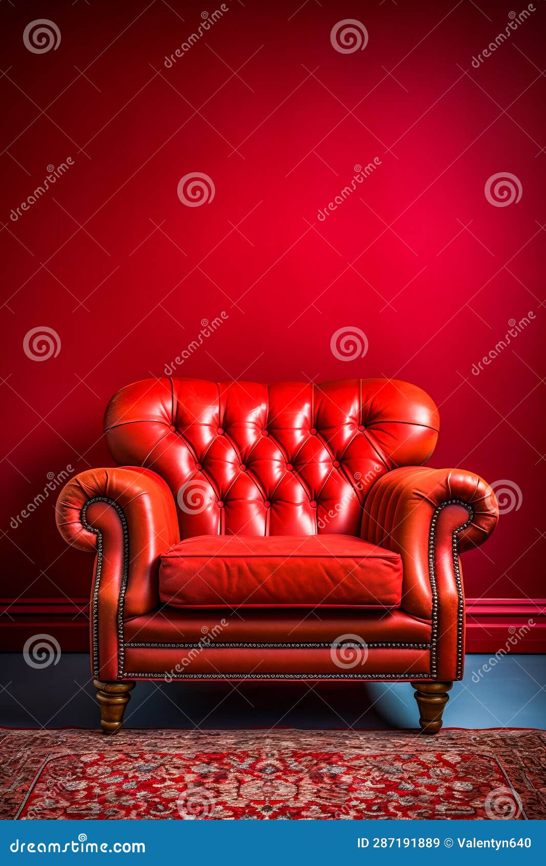 Red Leather Chair in Room with Red Wall. Generative AI Stock Image