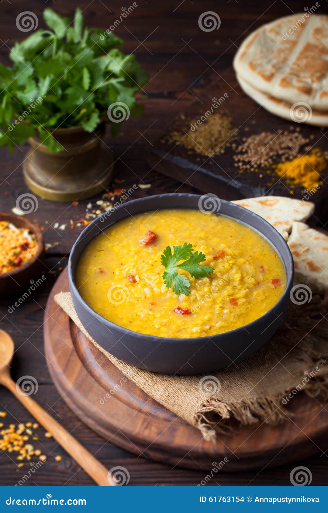 Red Lentil Indian Soup With Flat Bread. Masoor Dal. Stock Photo - Image ...