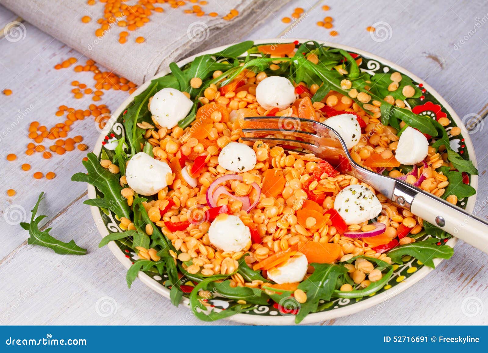 Red Lentil Salad with Mozzarella and Arugula. Stock Image Image of