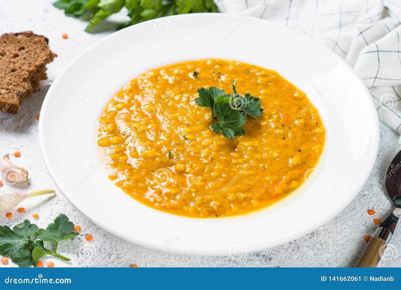 Red Lentil Soup on White Top View. Stock Image - Image of cream ...