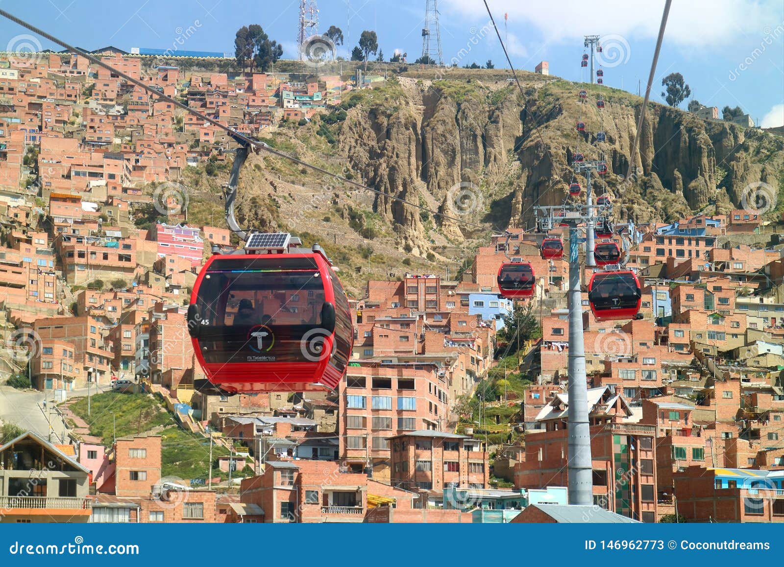 red line of mi teleferico cable car connecting la paz and el alto, bolivia