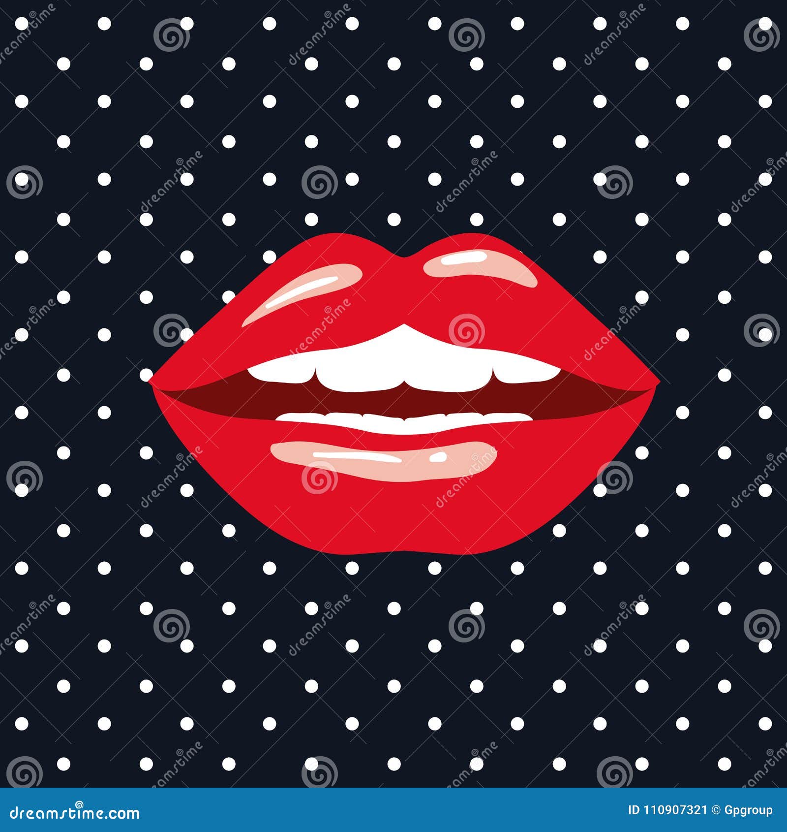 Red Lips on Pop Art on Black Background with White Dots Stock Vector