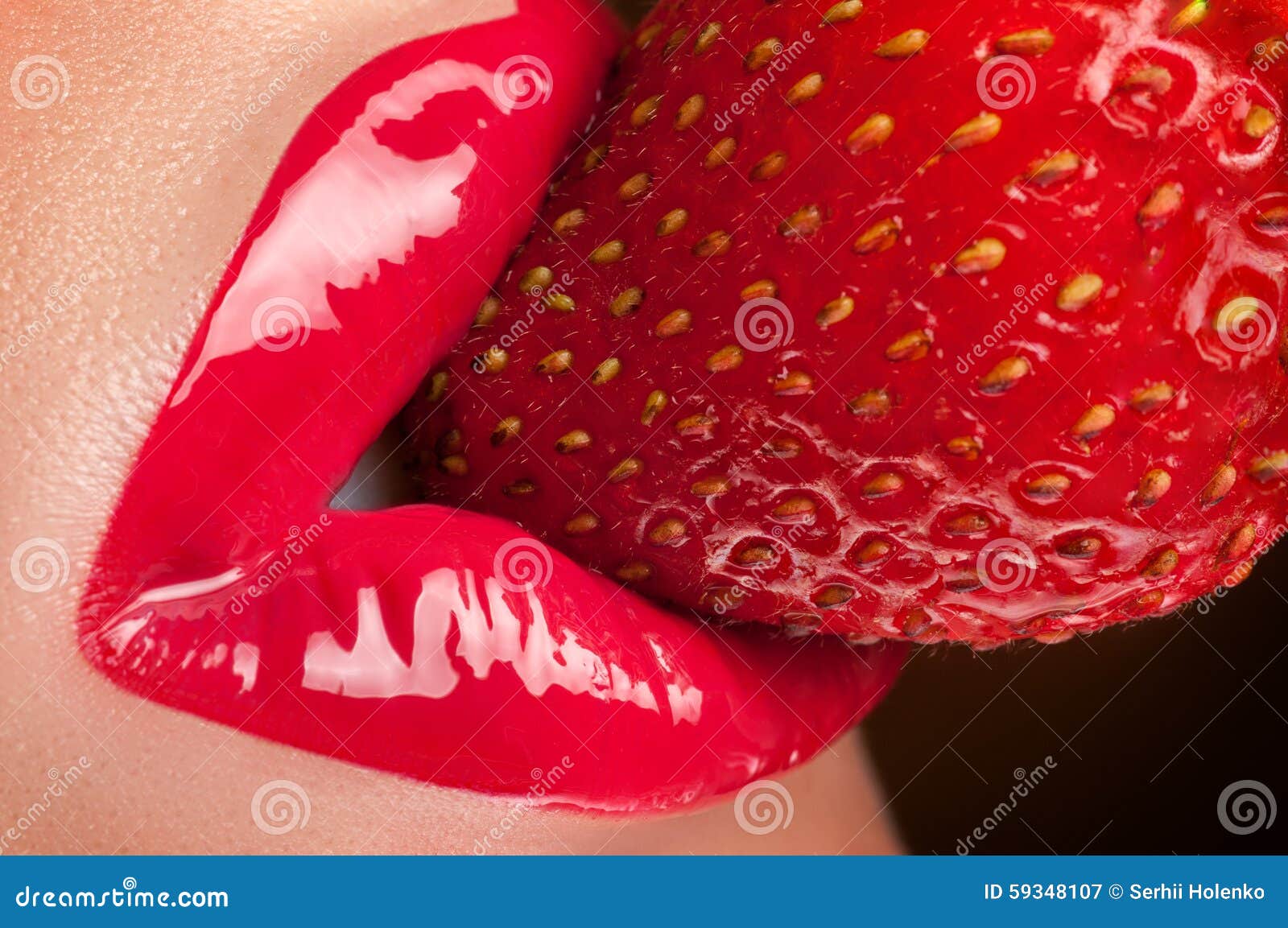 Red lips with strawberry. stock image. Image of cool 59348107