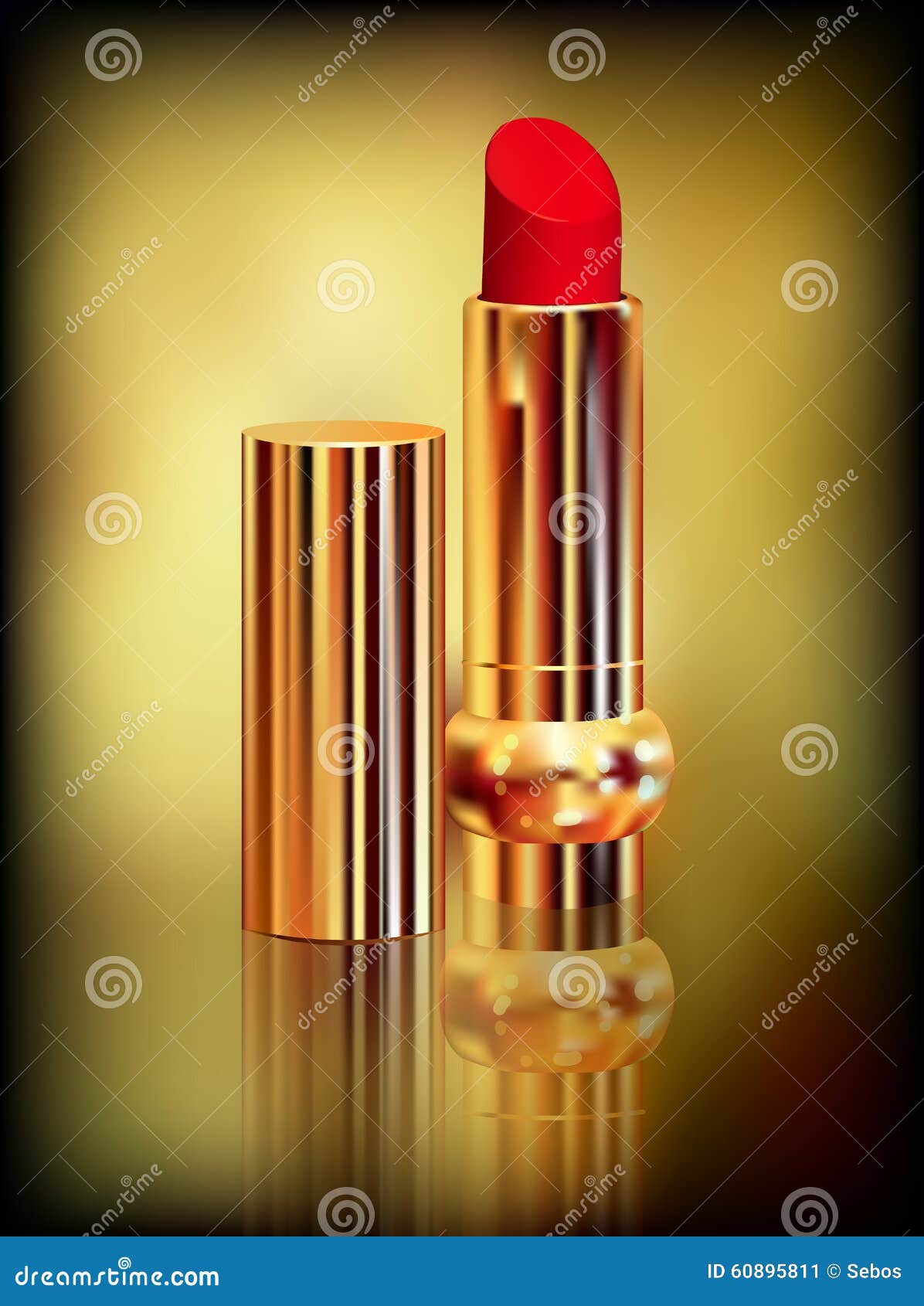 Red Lipstick in Gold Tube. Created with Gradient Meshes. Stock Vector
