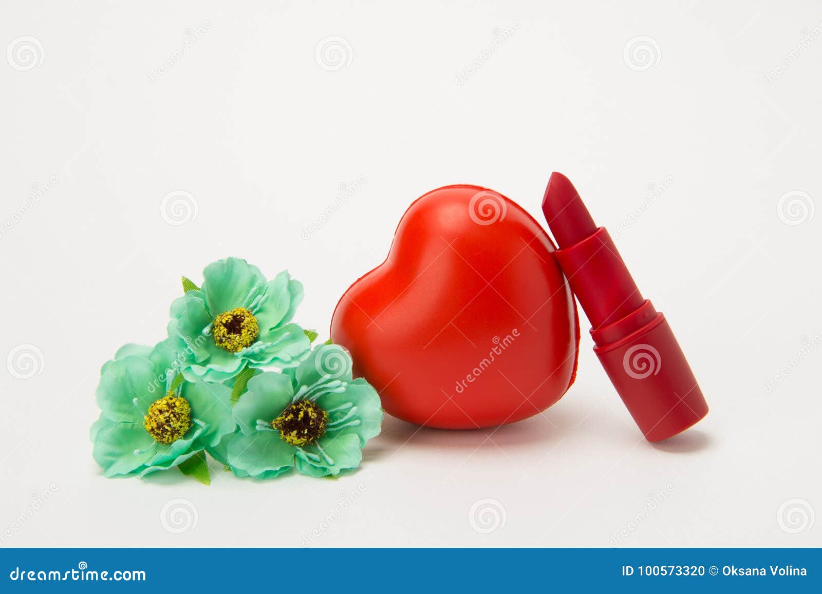 Red Lipstick, Heart and Necklace with Flowers on a White Background ...