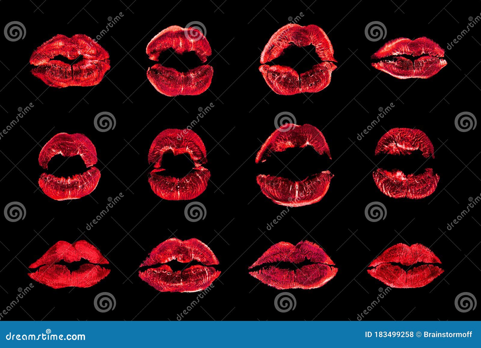 Red Lipstick Kiss Print Set Black Background Isolated Close Up ...