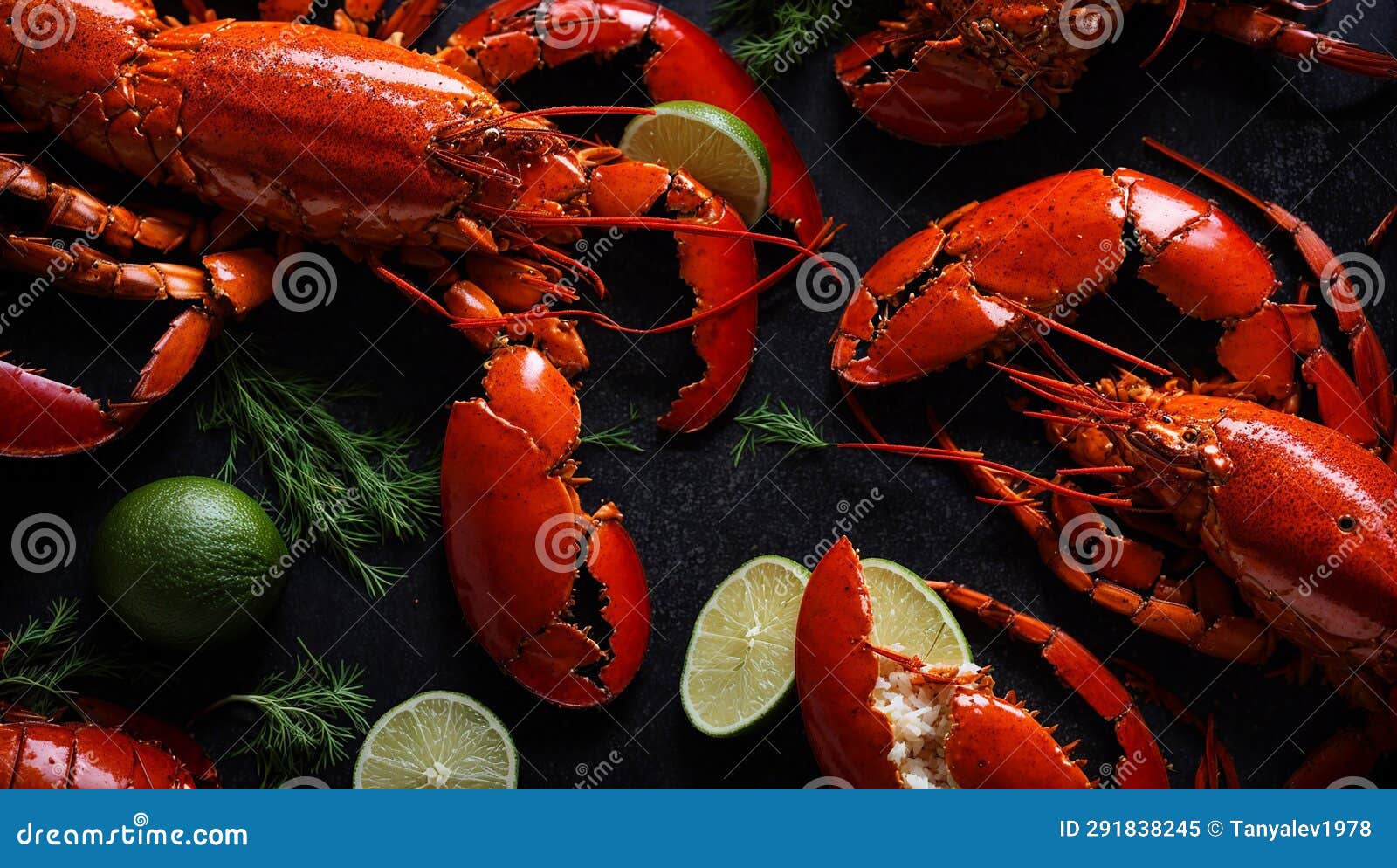 Red Lobster, Lime, on a Dark Background Food Cooked Stock Illustration