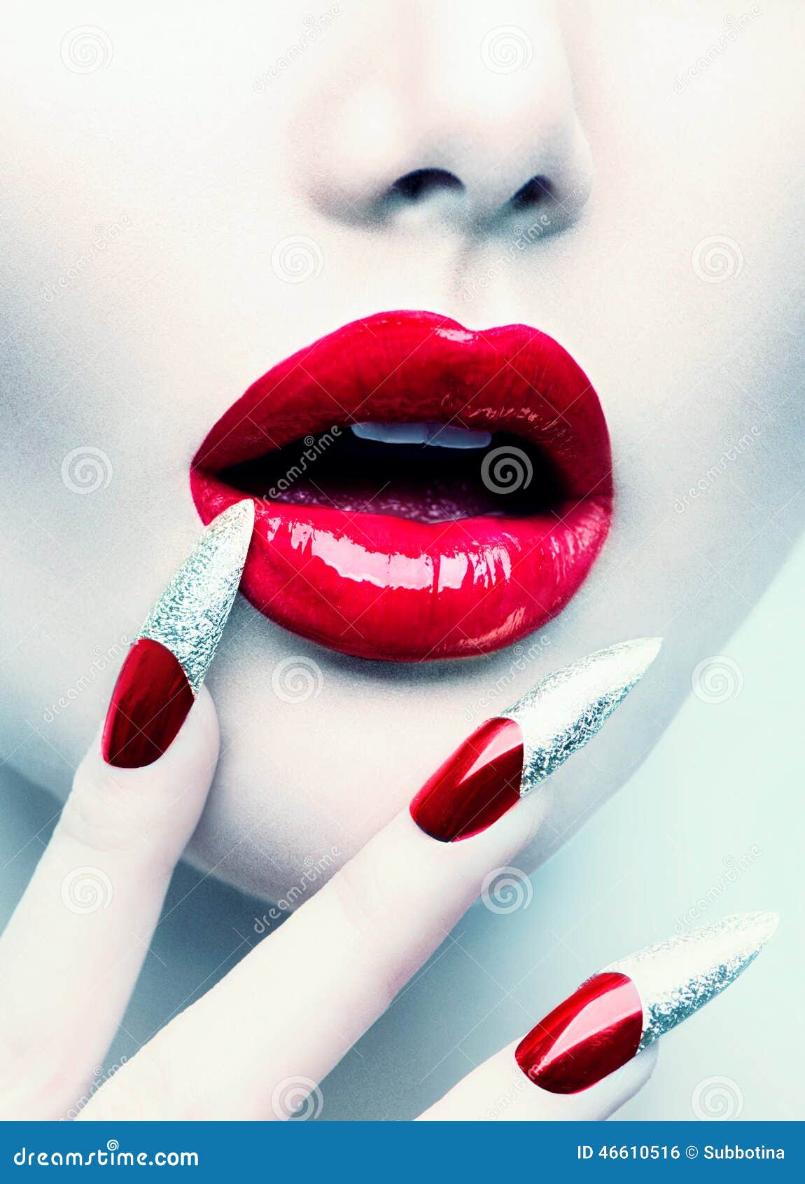 Red Long Nails and Red Glossy Lips Stock Photo Image of cosmetic