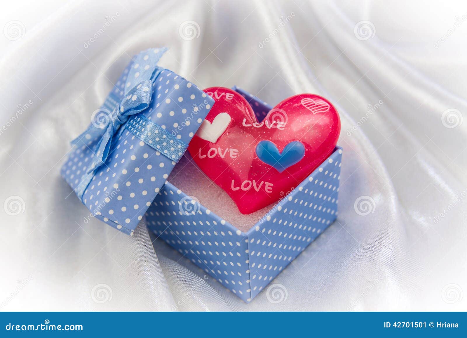 Red Love Heart In A Little Blue Gift Box Stock Image Image of satin