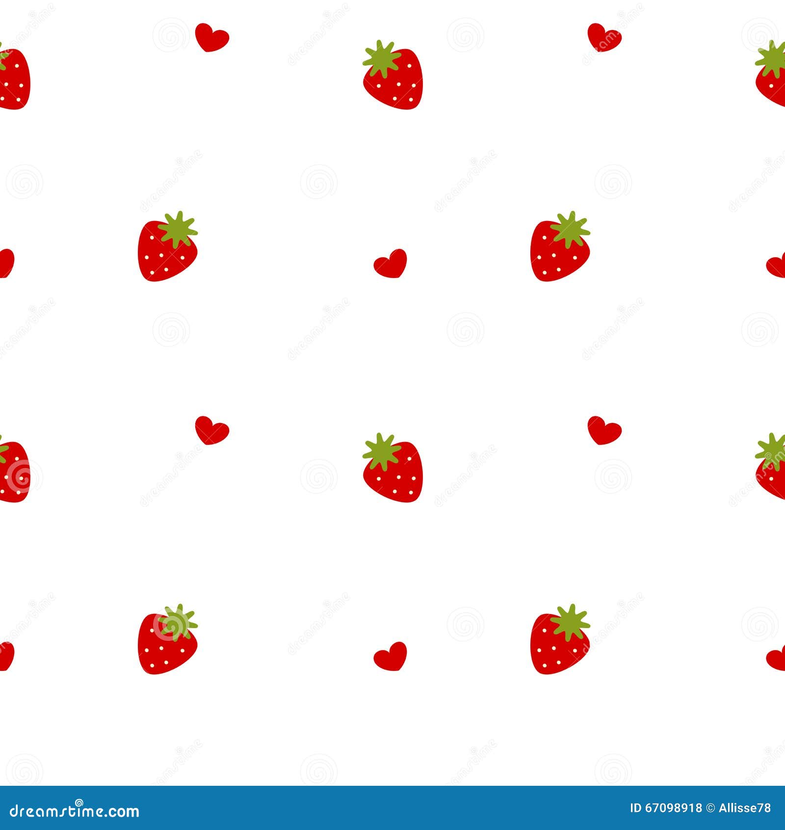 Red Lovely Cute Strawberries and Hearts on White Background Seamless