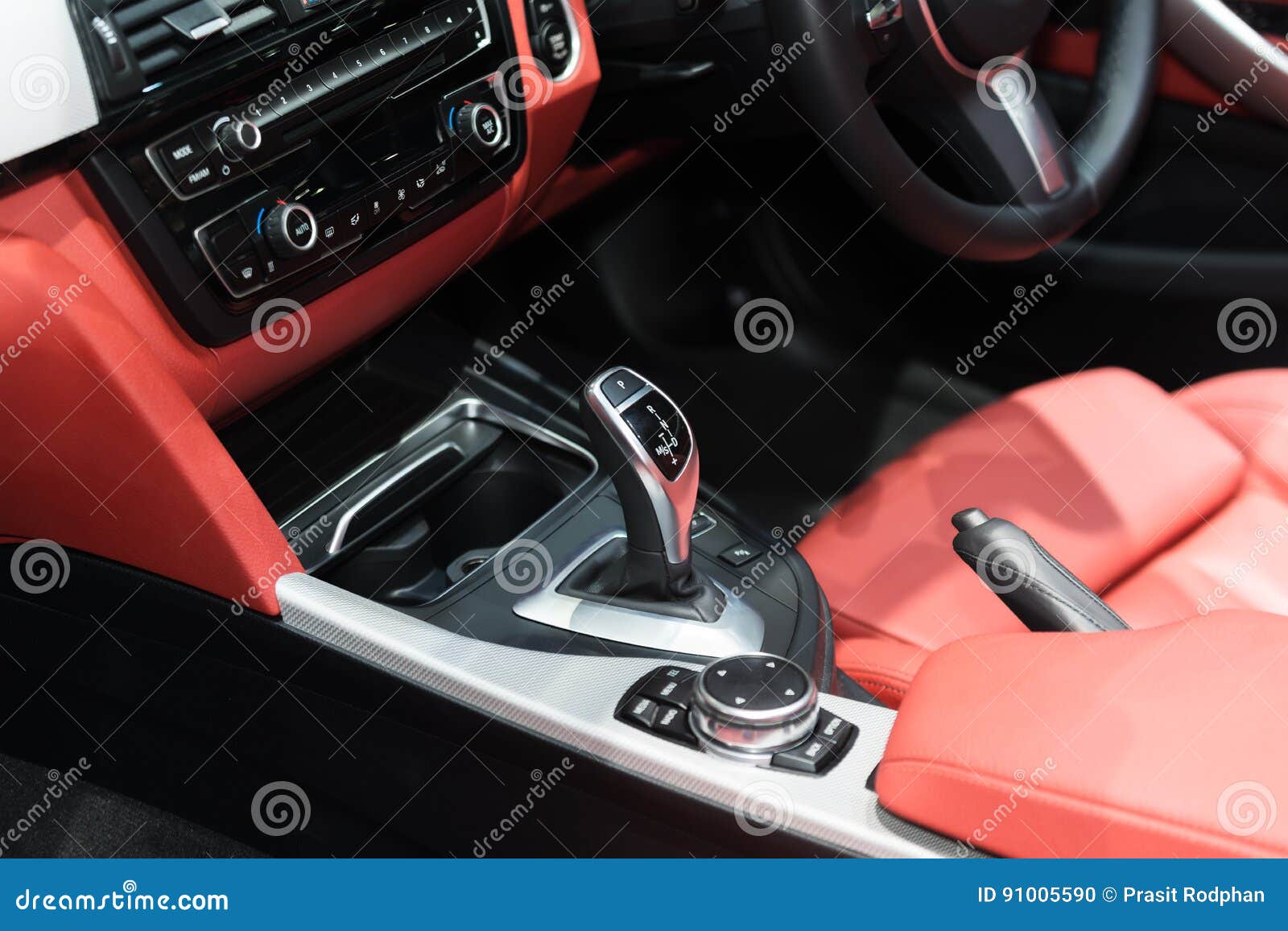 Red Luxury Car Interior With Steering Wheel Shift Lever And