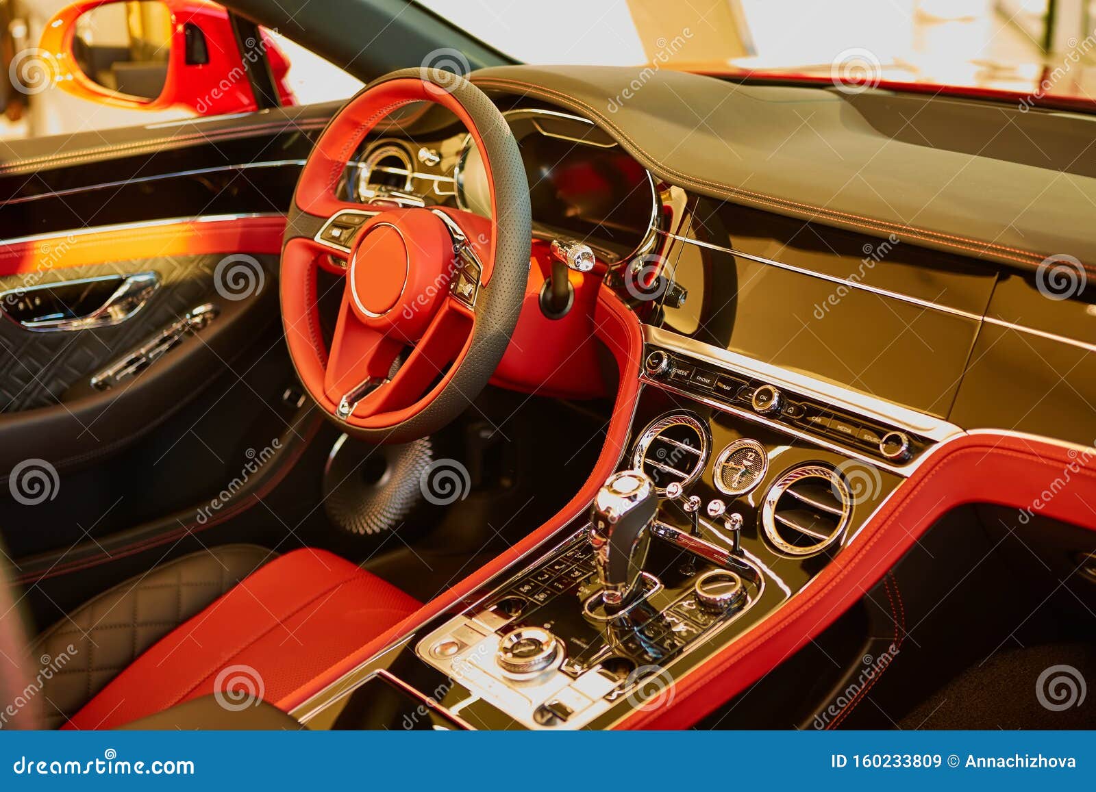 Red Luxury Car Interior Steering Wheel Shift Lever And