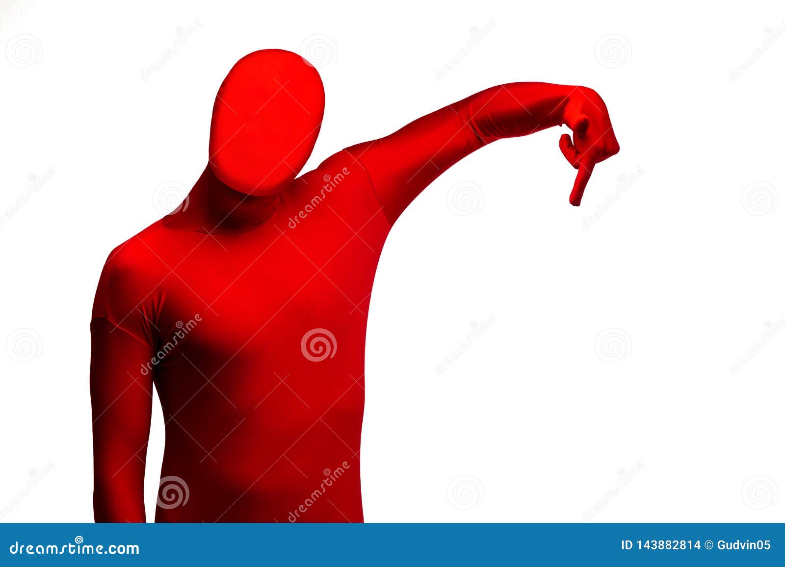 Red Man Pointing Finger Down. Specifies the Direction. Isolated on