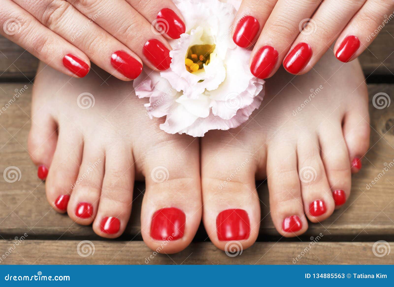 planer sjækel format Red Manicure and Pedicure with Flower Close-up, on a Wooden Background, Top  View Stock Image - Image of healthy, manicure: 134885563