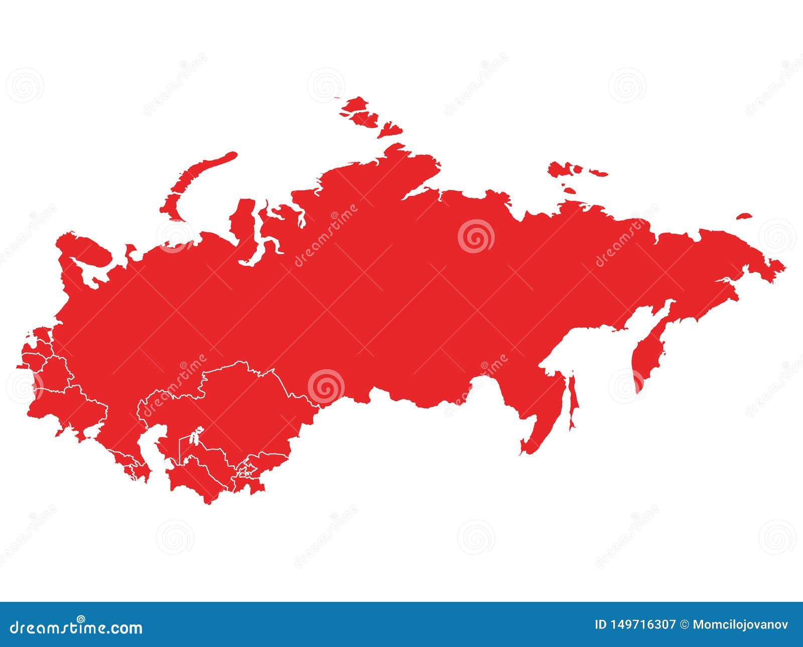 Red Map of USSR Soviet Union with Member Countries on White Background