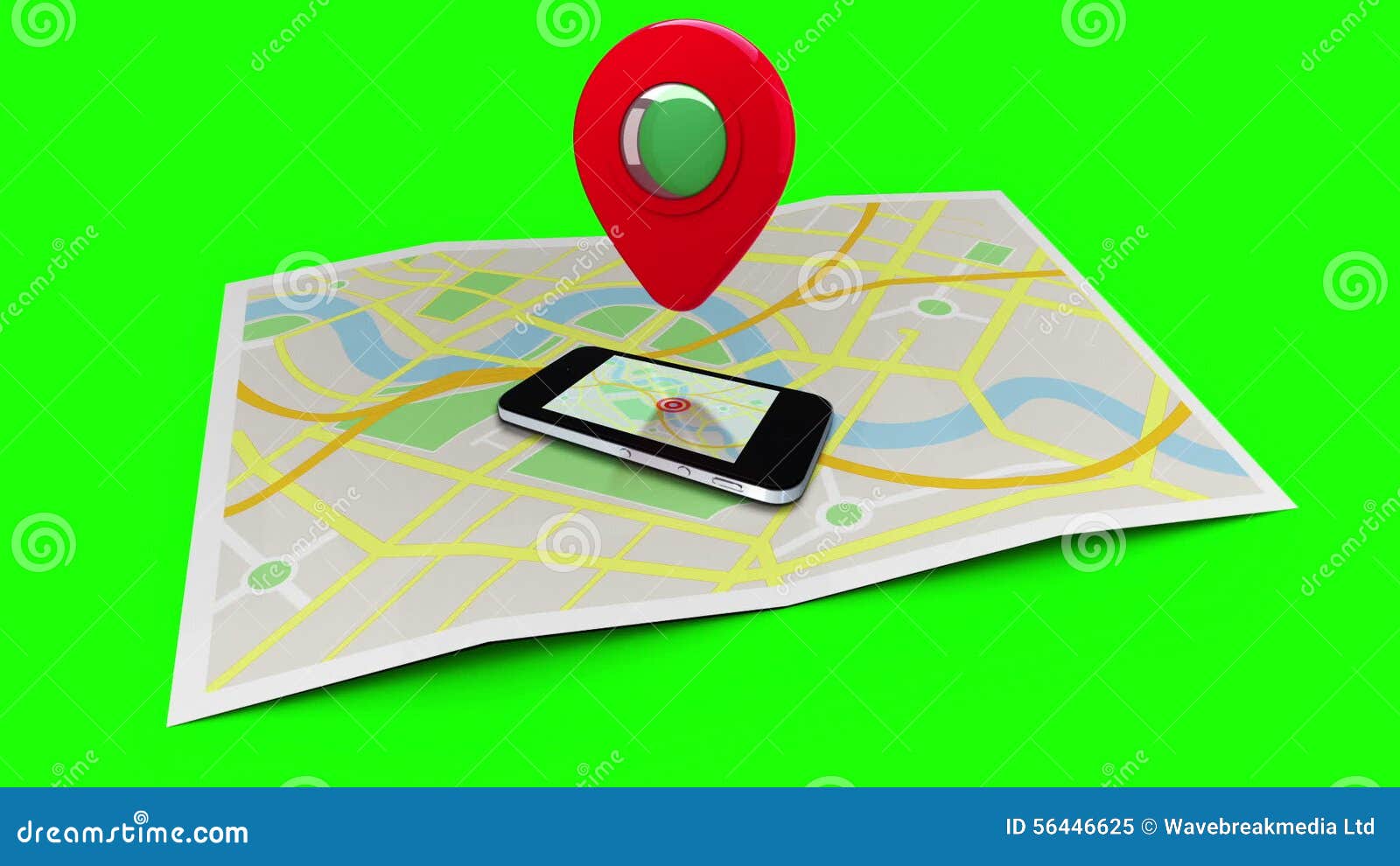 Red Marker Pointing at a Mobile Lying on a Map of a Town Stock Video