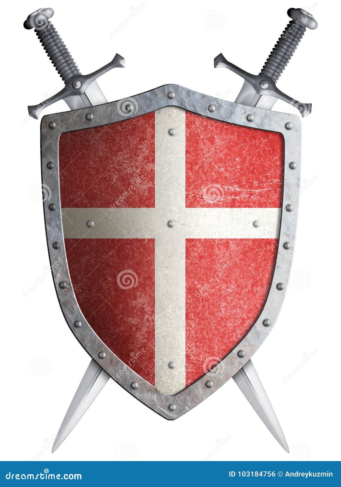 Old Medieval Crusader Shield and Two Crossed Swords Isolated 3d