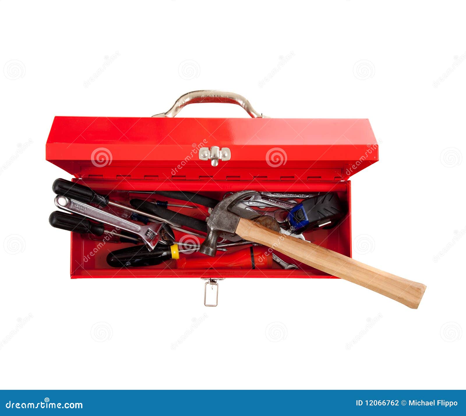 red metal tool box with tools on white