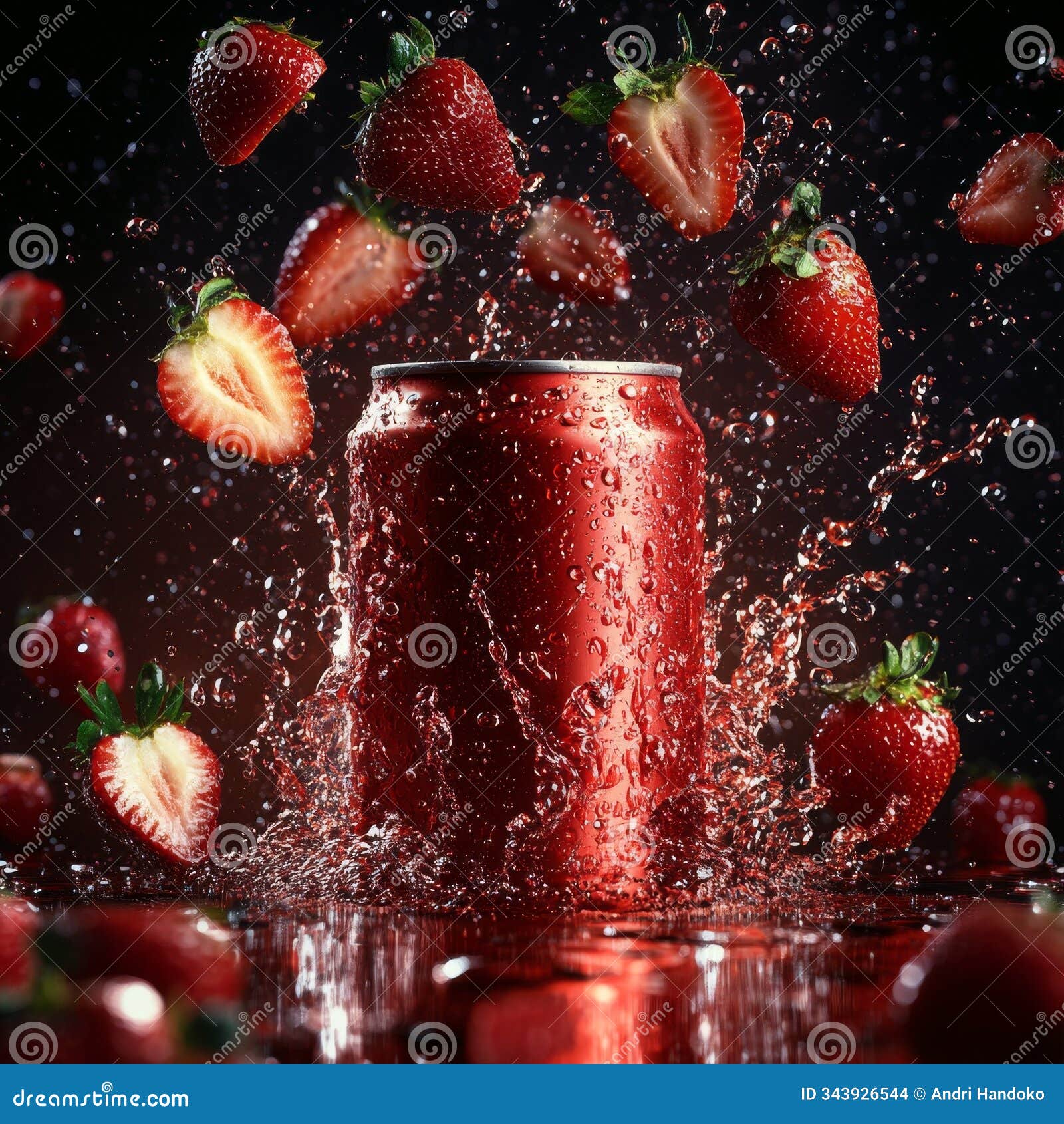 red 330ml can with fresh sliced strawberries