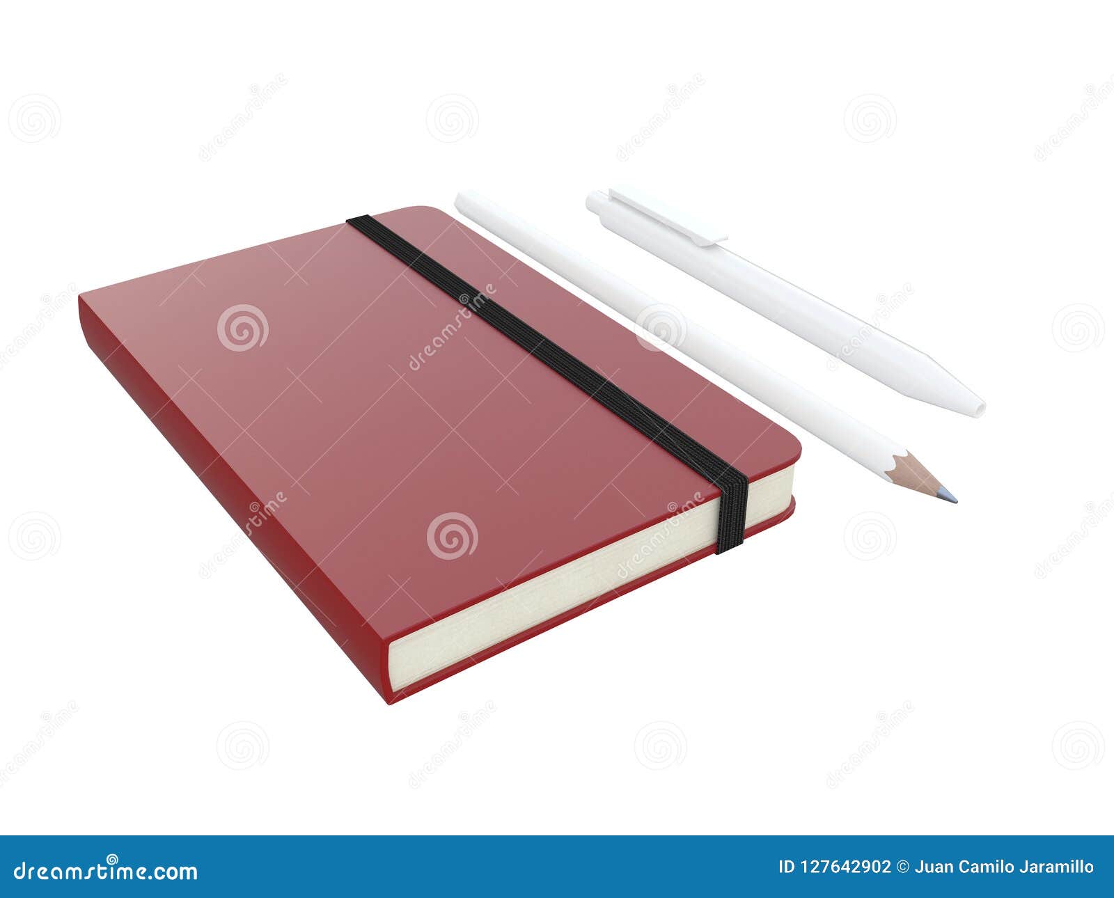 red moleskine or notebook with pen and pencil and a black strap front or top view  on a white background 3d rendering