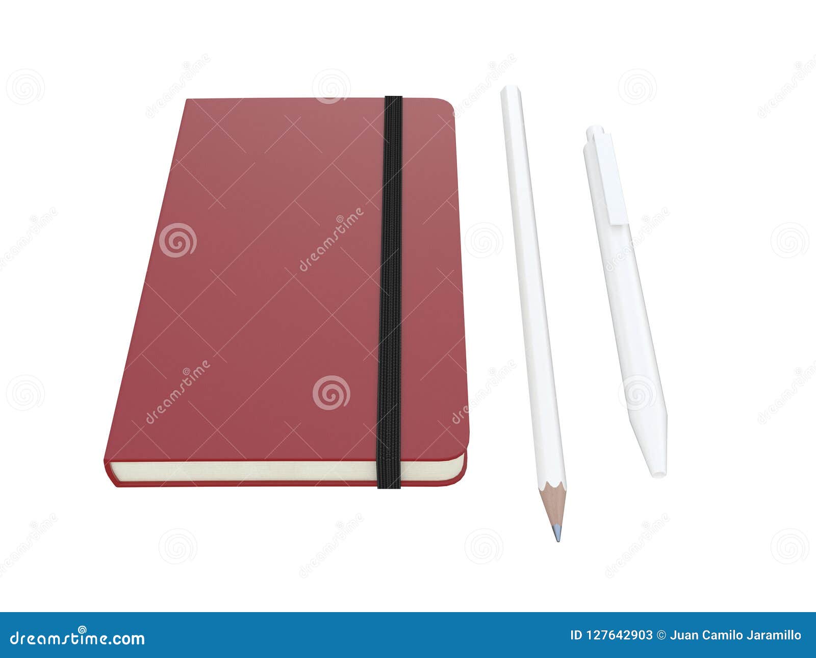 red moleskine or notebook with pen and pencil and a black strap front or top view  on a white background 3d rendering