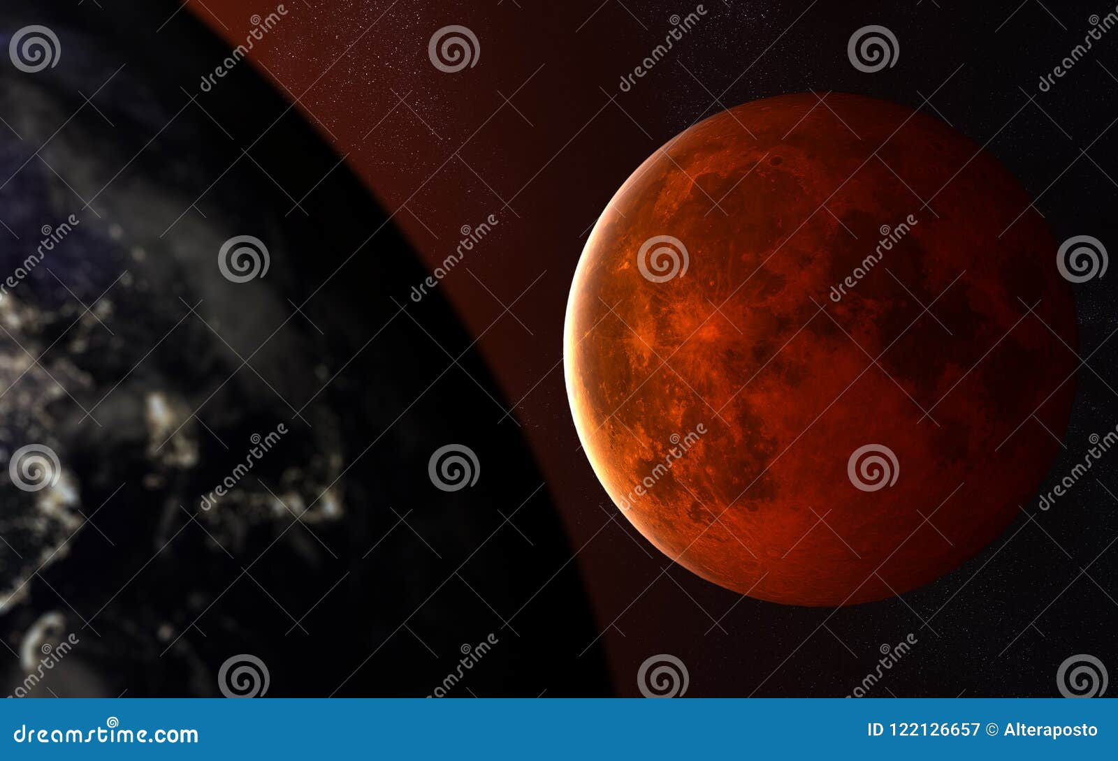 Red Moon Behind The Planet Earth Solar System Elements Of The